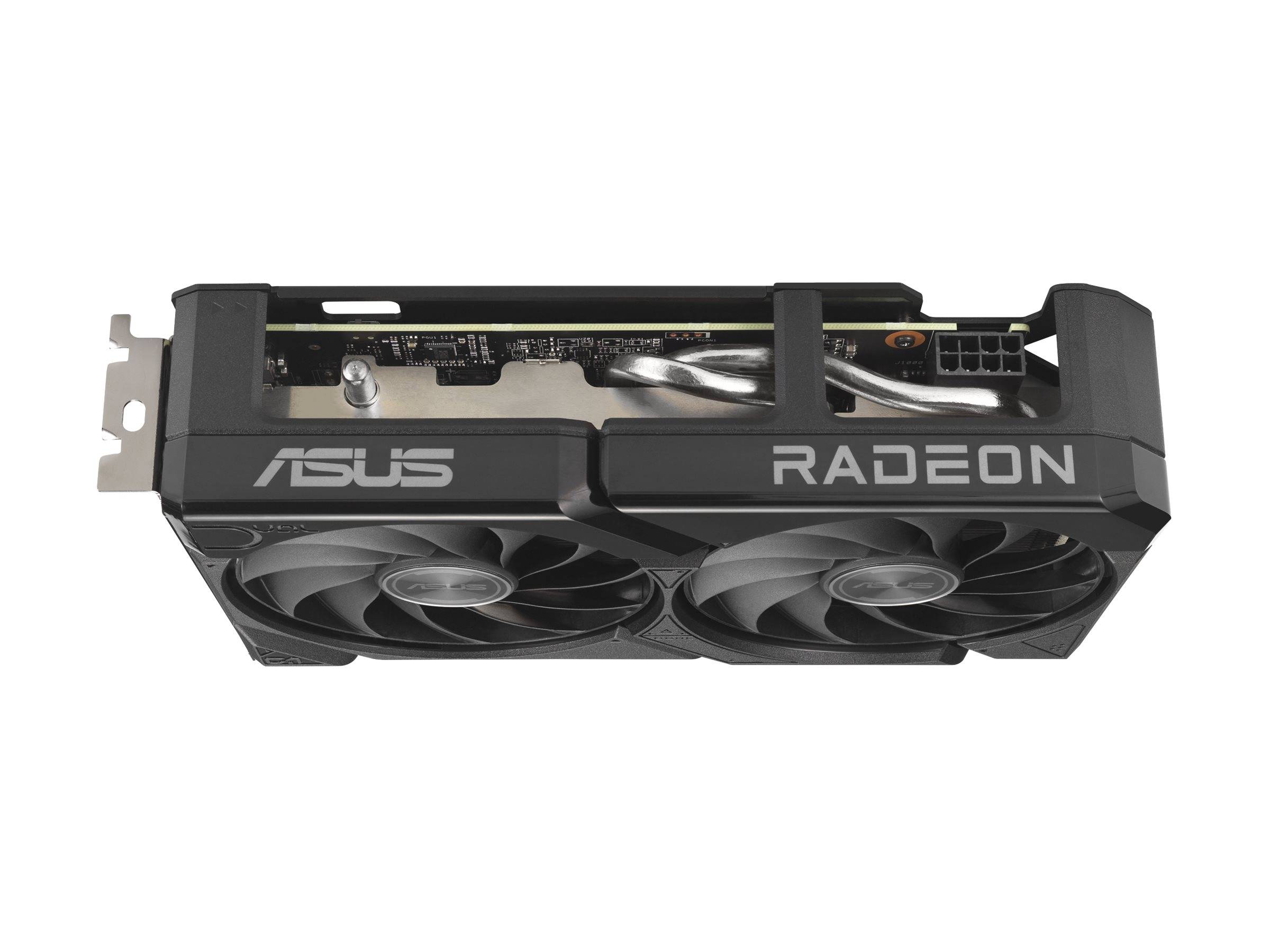 ASUS Radeon Grafikkarte mit Dual-Kühlungsgebläsen und PCIe-Anschluss, auf weißem Hintergrund dargestellt.
