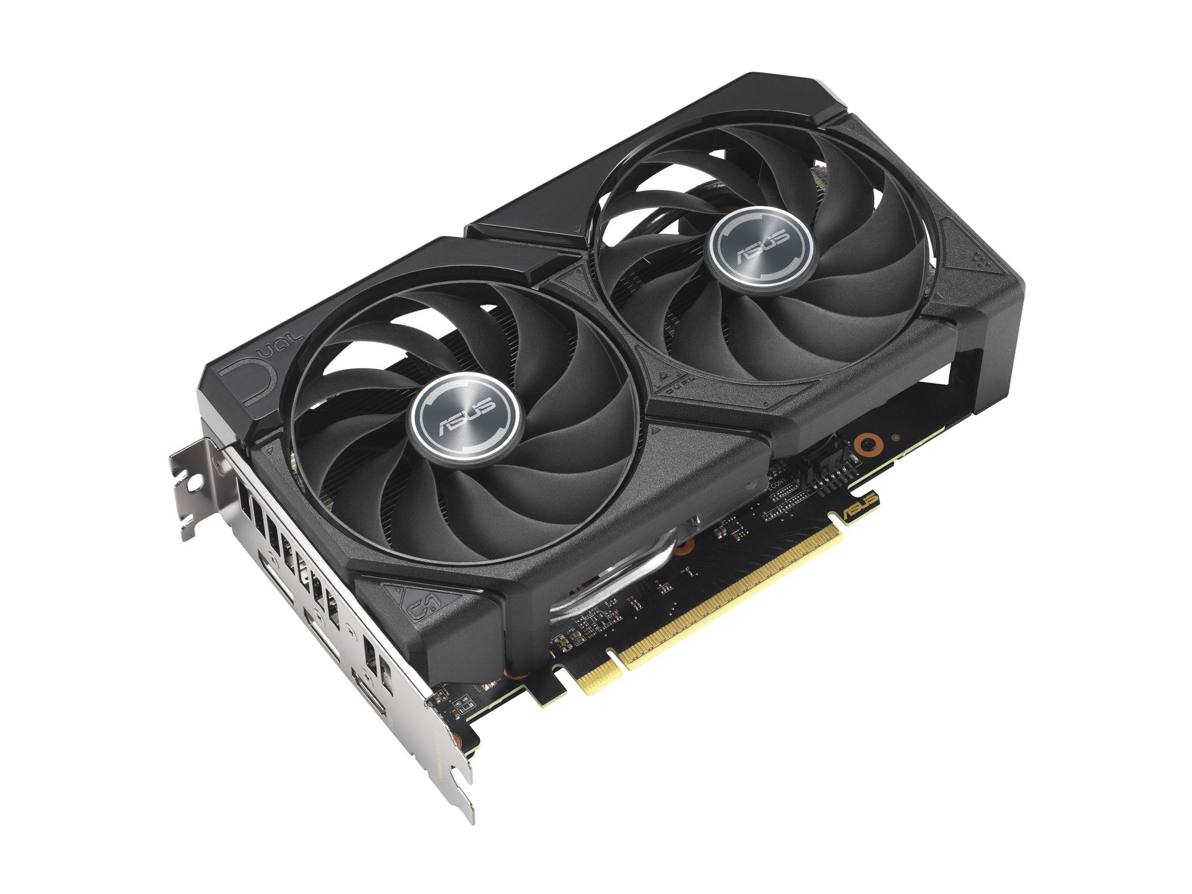 Grafikkarte mit Doppellüftern auf weißem Hintergrund, zeigt die Vorderseite und die Metallhalterung einer PC-GPU.
