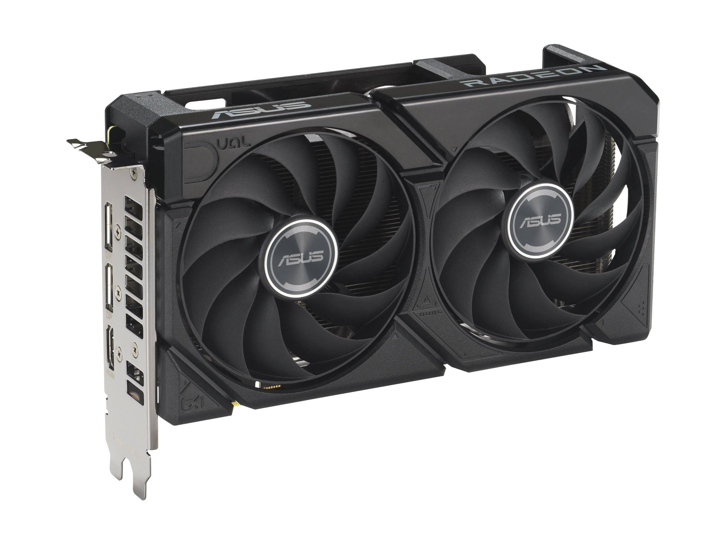 ASUS Radeon Grafikkarte mit zwei Kühlventilatoren und Metallhalterung, gezeigt auf weißem Hintergrund.