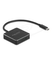 Schwarzer rechteckiger Adapter mit kurzem Kabel, das in einen USB-C-Stecker auf weißem Hintergrund endet.