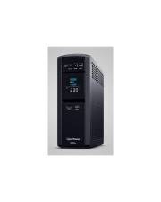 Vorderansicht einer schwarzen APC-USV-Batterie-Backup-Anlage mit kleinem digitalen Display und seitlichen Belüftungsöffnungen auf hellem, einfarbigem Hintergrund.
