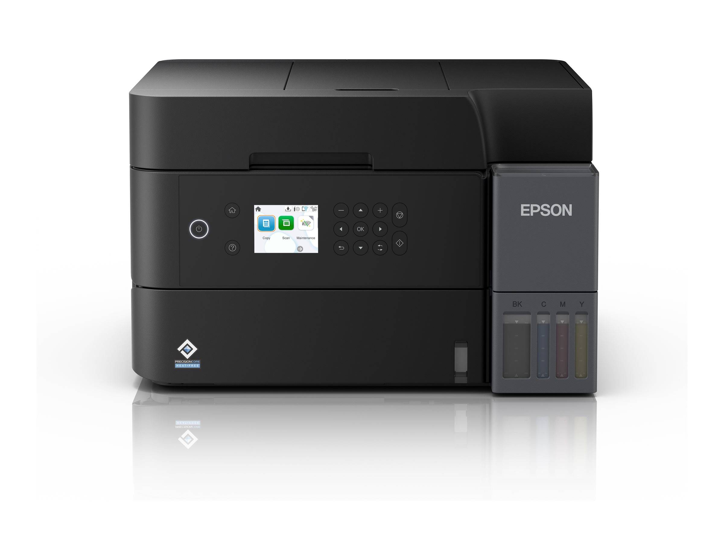 Ein schlanker schwarzer Epson-Drucker mit einem digitalen Bedienfeld, auf dem Icons angezeigt werden. Vier beschriftete Tintenpatronen sind an der Seite sichtbar für effizientes Drucken.