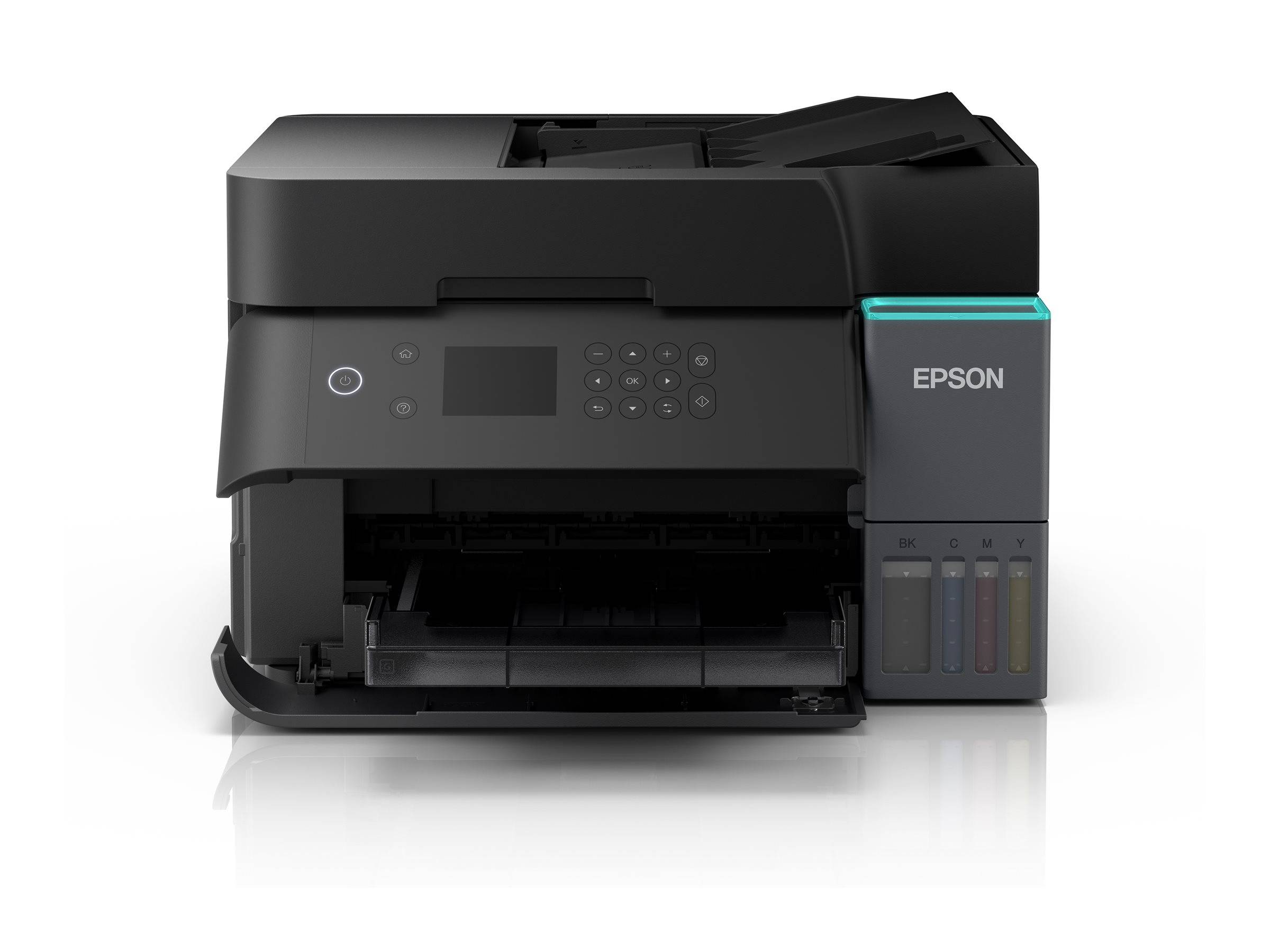 Ein schwarzer Epson-Drucker mit geöffnetem Papierfach und sichtbaren Tintenfüllstandsanzeigen an der Seite.