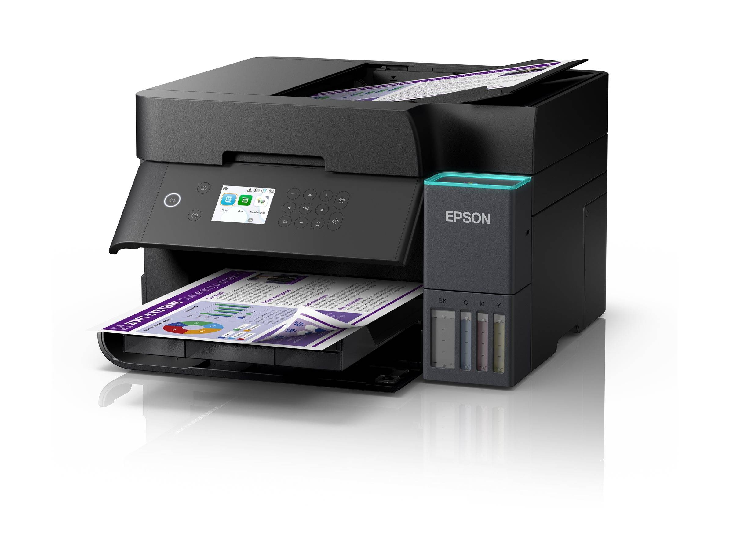 Ein schwarzer Epson-Drucker druckt eine farbenfrohe Seite und zeigt dabei die Multifunktionalität des Geräts in einer Heim- oder Büroumgebung.