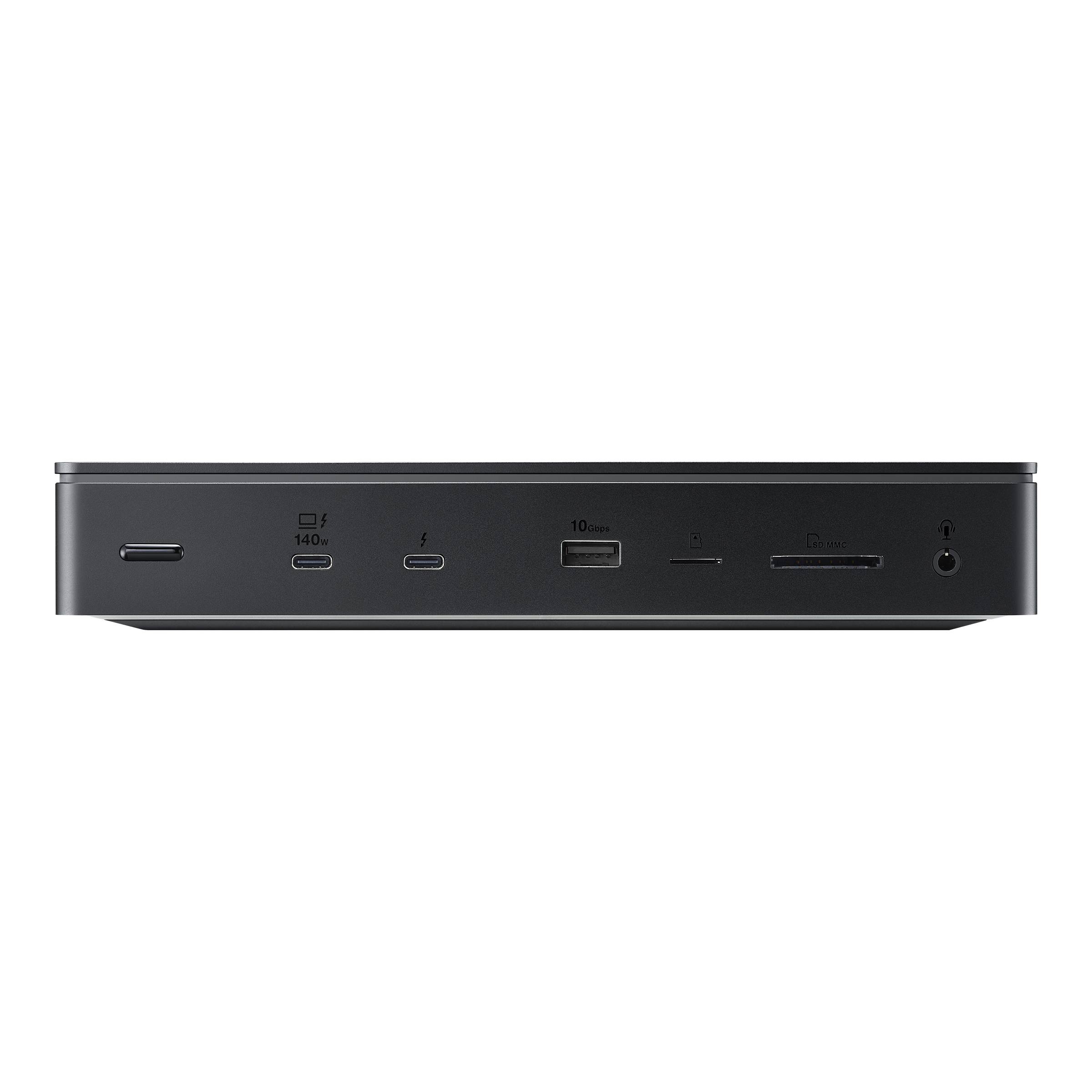 Vorderansicht eines schlanken schwarzen elektronischen Geräts, das seine Anschlüsse zeigt: USB-C, USB-A, einen 10-Gbps-Anschluss, Steckplätze und einen Netzschalter auf der rechten Seite.
