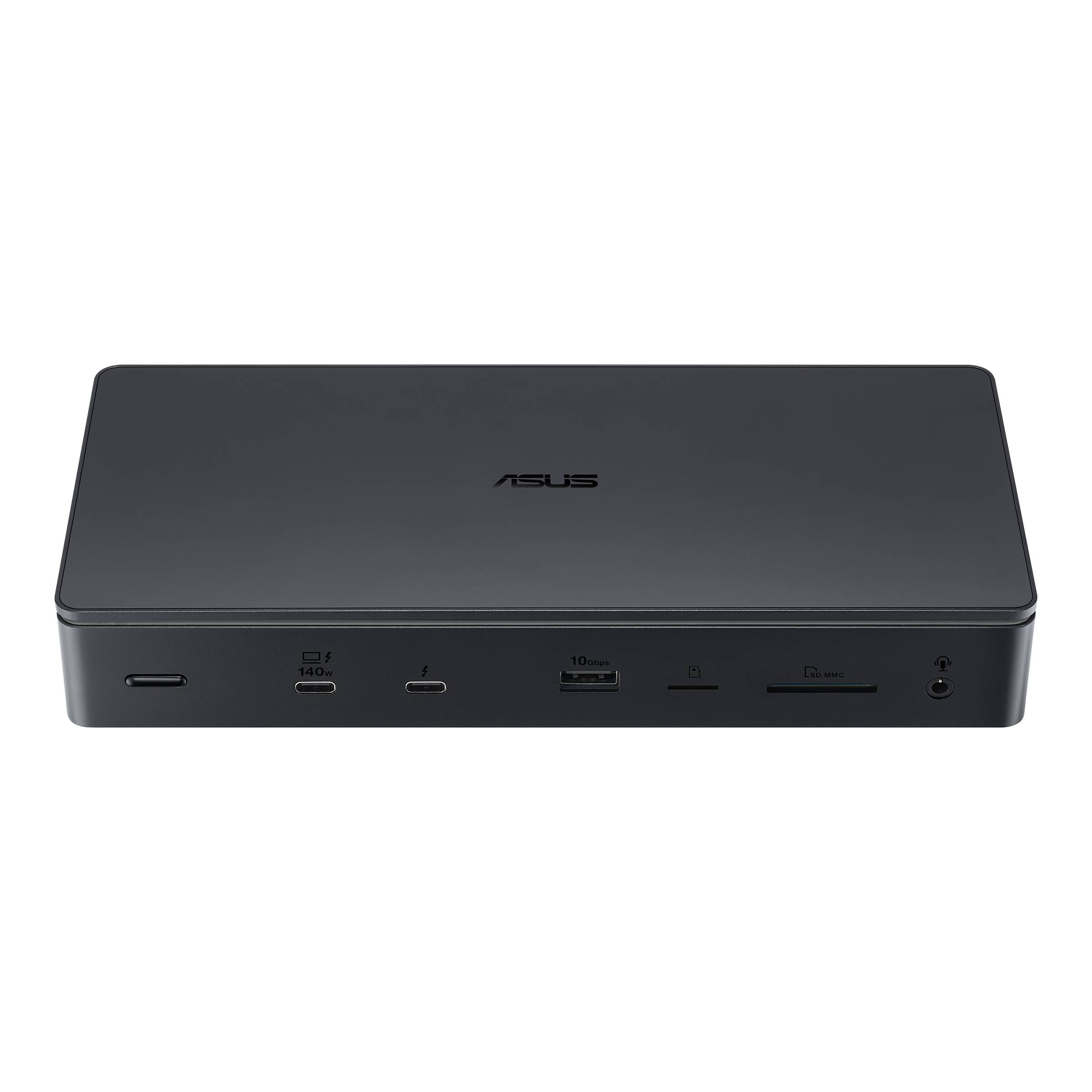 Vorderansicht einer kompakten ASUS-Dockingstation auf schwarzem Hintergrund mit mehreren vorderen Anschlüssen und ASUS-Logo oben.