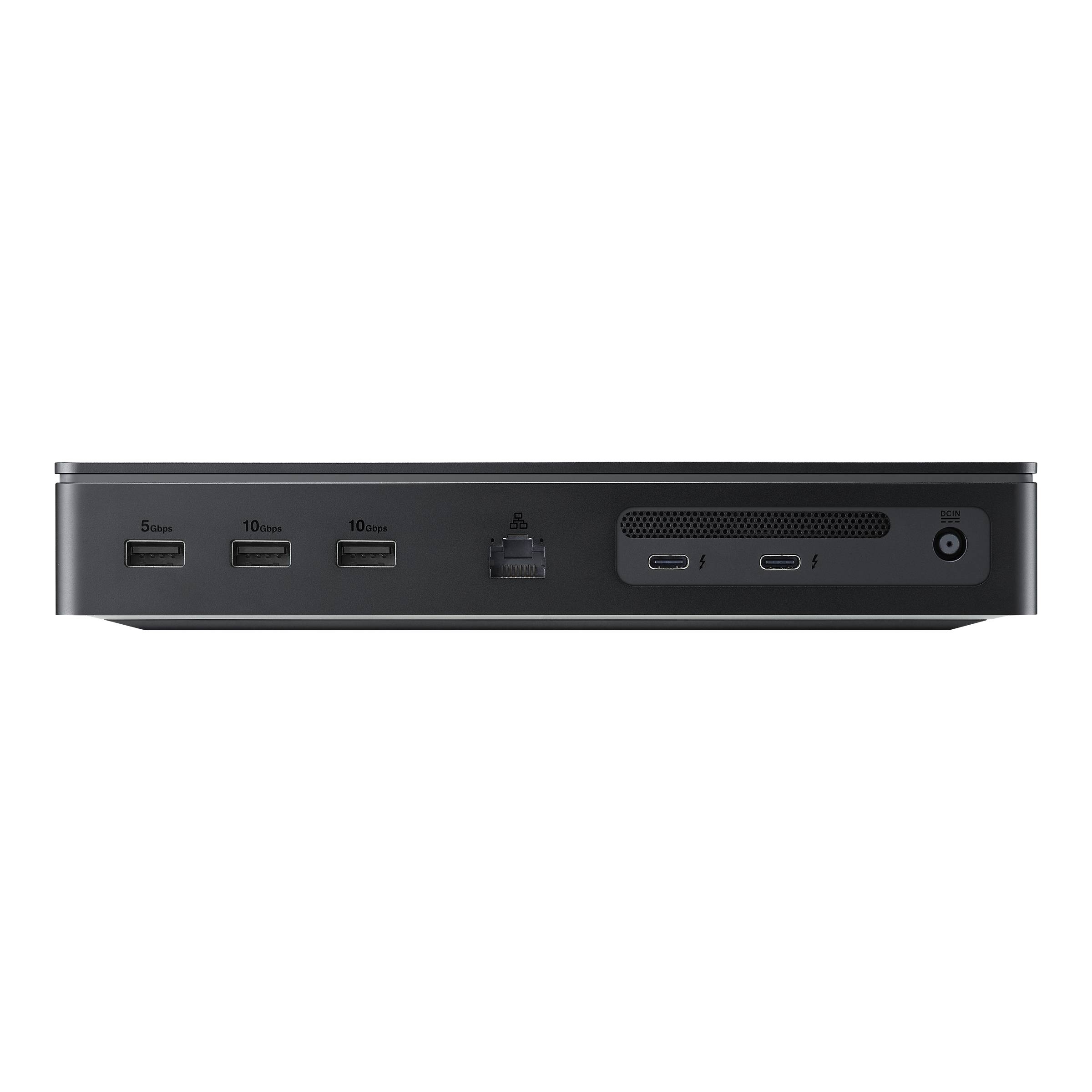 Frontansicht einer kompakten schwarzen Dockingstation mit drei USB-Anschlüssen, einem Ethernet-Anschluss, zwei USB-C-Anschlüssen, einer Lüftungsöffnung und einem Stromschalter.