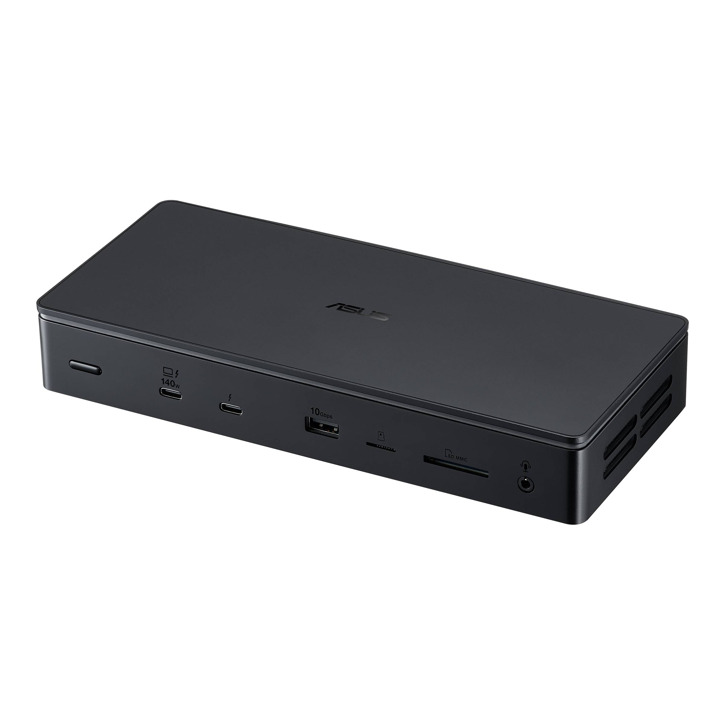 Schwarze ASUS elektronische Dockingstation oder Hub in perspektivischer Ansicht, mit mehreren vorderen Anschlüssen und seitlichen Belüftungsschlitzen auf einfarbig schwarzem Hintergrund.