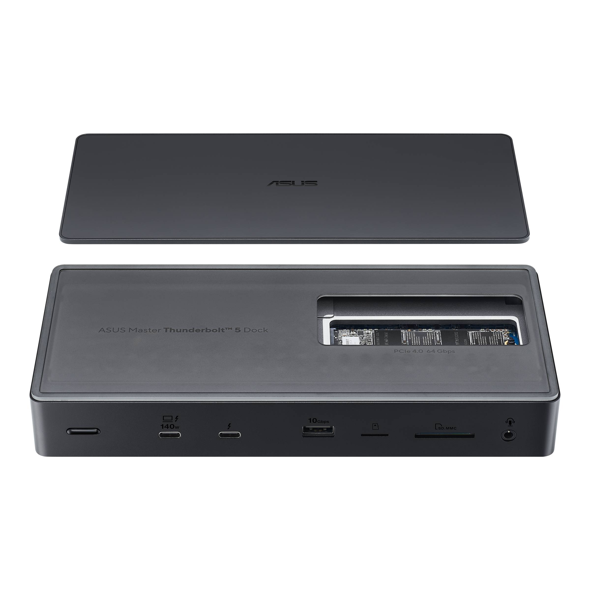 ASUS USB-C Dockingstation und ihre obere Abdeckung, offen dargestellt, um eine interne Leiterplatte und vordere Anschlüsse auf schwarzem Hintergrund zu zeigen