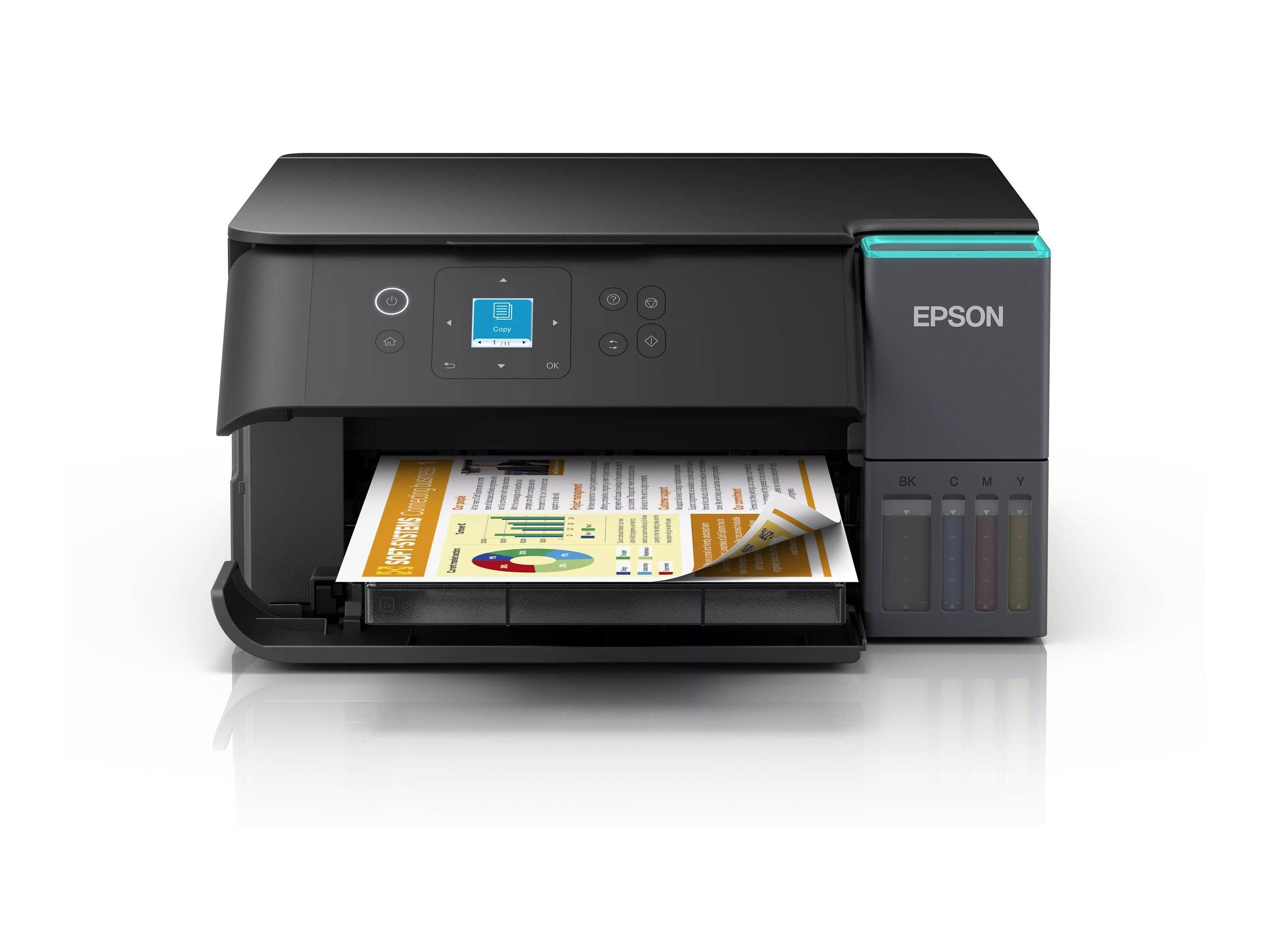 Ein Epson-Drucker, Modell mit einem Ausdruck von Diagrammen und Grafiken; mit Bedienfeld, Bildschirm und Tintenpatrone an der Seite.
