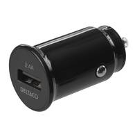 Schwarzes Auto-USB-Ladegerät mit einem USB-Anschluss und Seitentaste, beschriftet mit „2.4A