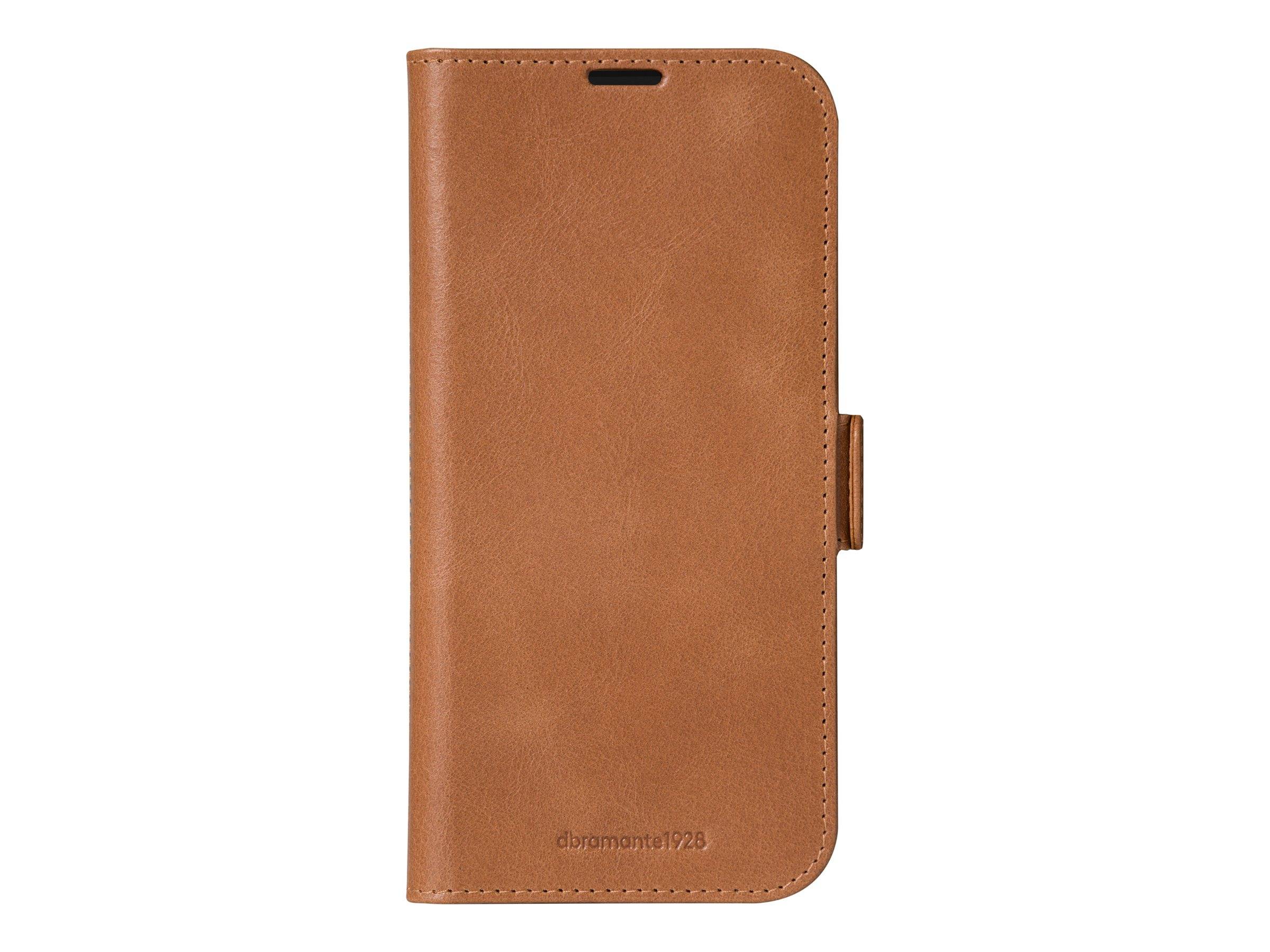 Braunes Leder-Handyhüllen-Etui mit vorderer Klappe, Kameraaussparung und Seitenlaschen, gezeigt auf einfachem weißem Hintergrund.
