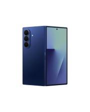 Ein blaues Smartphone mit einer dreifach-Objektiv-Rückkamera und einem großen Display, das teilweise gefaltet ist. Das Design ist elegant und modern.