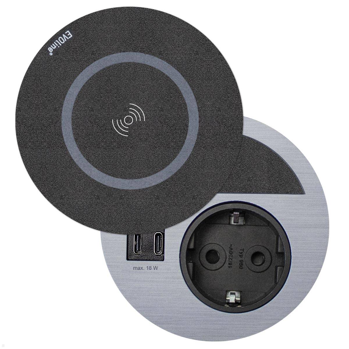 EVOline Circle80 Einbausteckdose mit USB-Charger C/C und DisQ Induktion-Charger,...