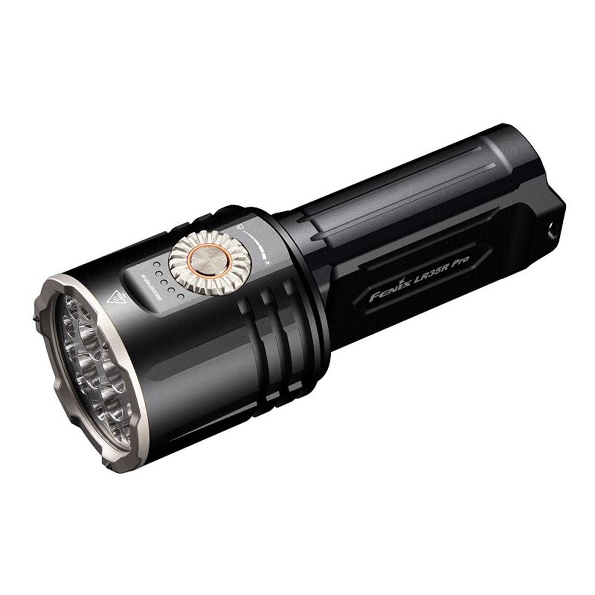 Schwarze zylindrische LED-Taschenlampe mit Seitenschalter und mehreren vorderen Leuchtmitteln, auf weißem Hintergrund dargestellt.