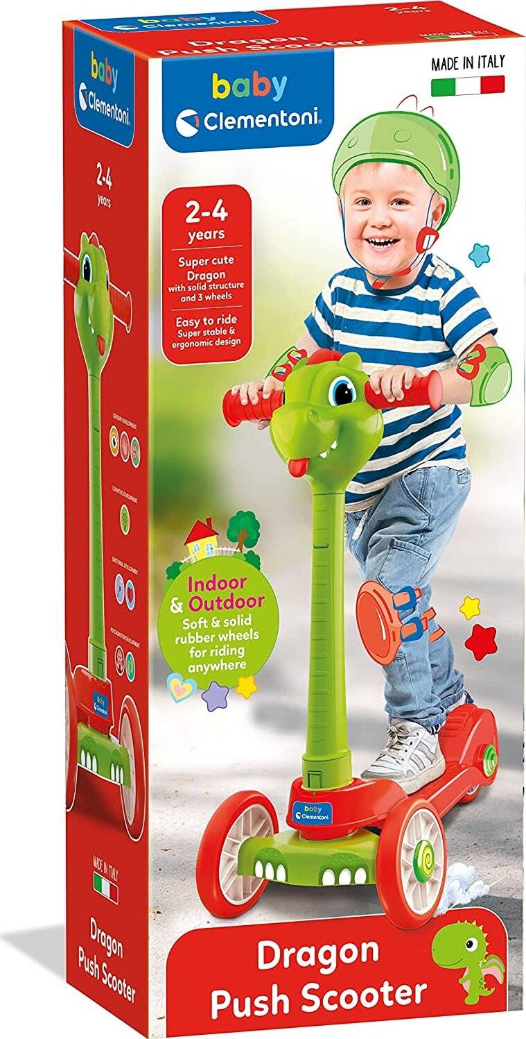 CLEMENTONI Unisex Kinder 120 Baby Dragon Push Scooter 2 Jahre mit 3 Rädern, Outdoor-Spiel und Innen-Made in Italy, Mehrfarbig, 17738