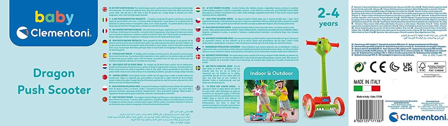 CLEMENTONI Unisex Kinder 120 Baby Dragon Push Scooter 2 Jahre mit 3 Rädern, Outdoor-Spiel und Innen-Made in Italy, Mehrfarbig, 17738