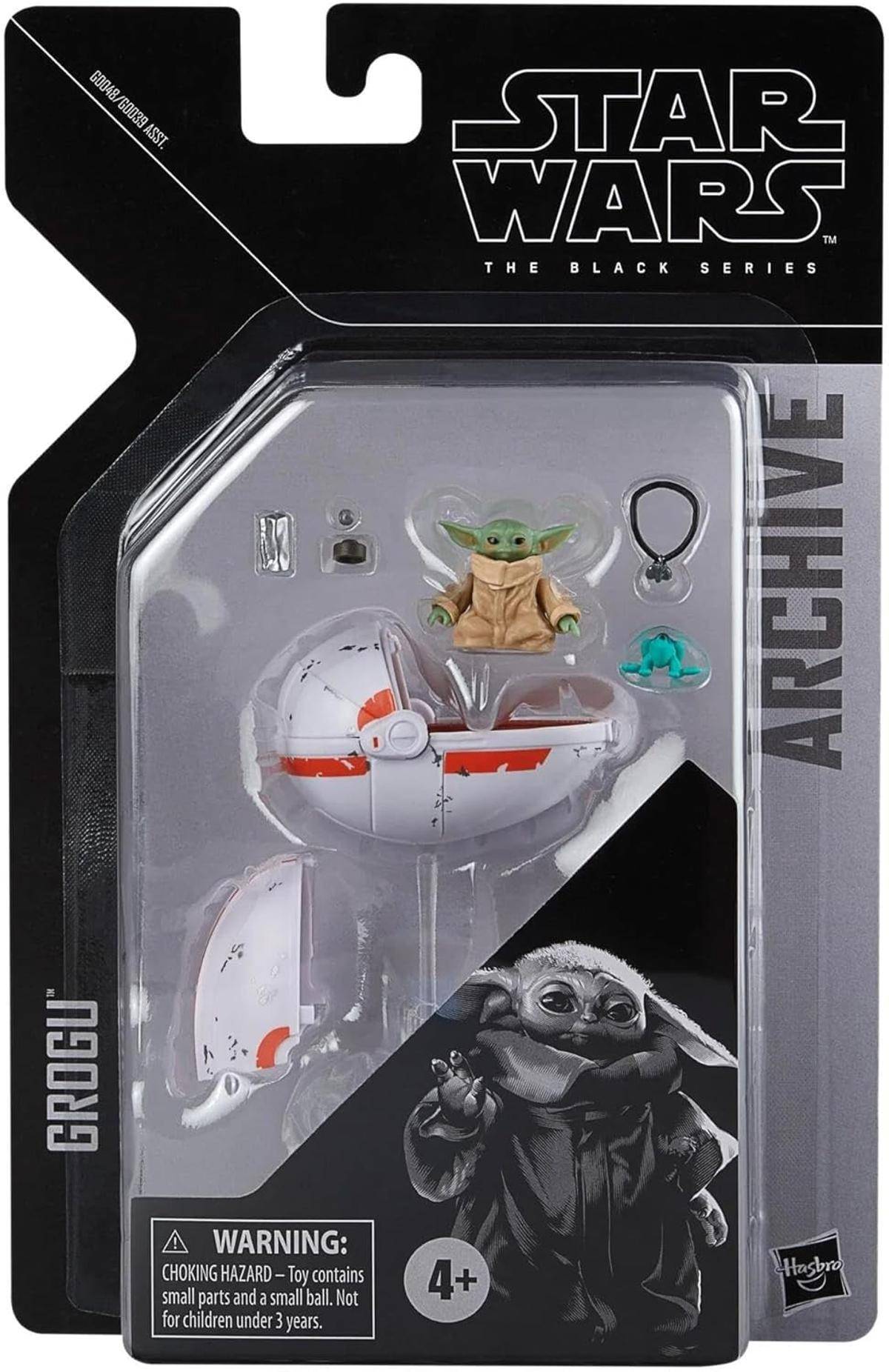 Star Wars: Die Schwarze Serie Grogu Actionfigur Verpackung mit Zubehör und Alterswarnung „4+".