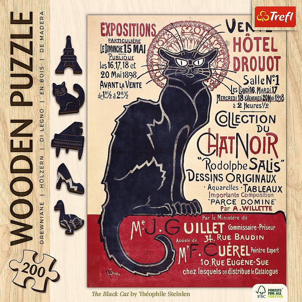 TREFL Holzpuzzle Art: Steinlen - Schwarze Katze, Le Chat Noir 200 Teile