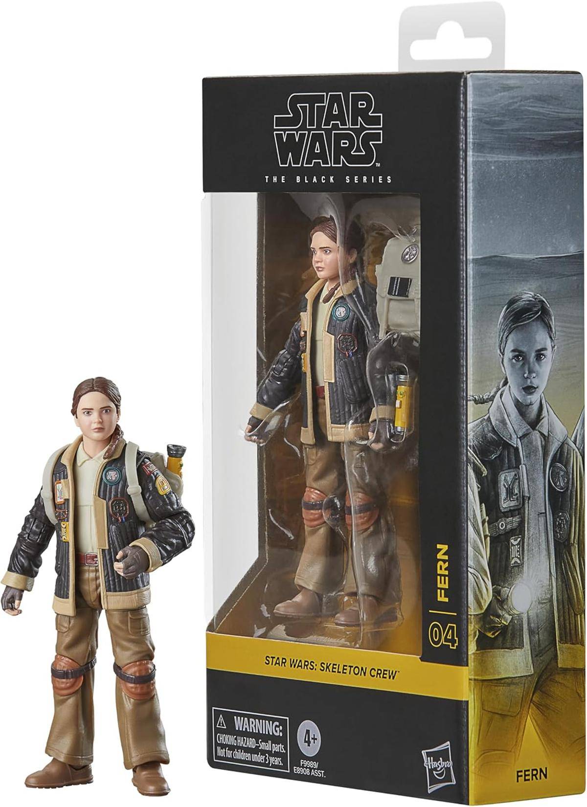 Star Wars: The Black Series Fern-Actionfigur neben ihrer Schachtel, mit der Bezeichnung „Fern 04