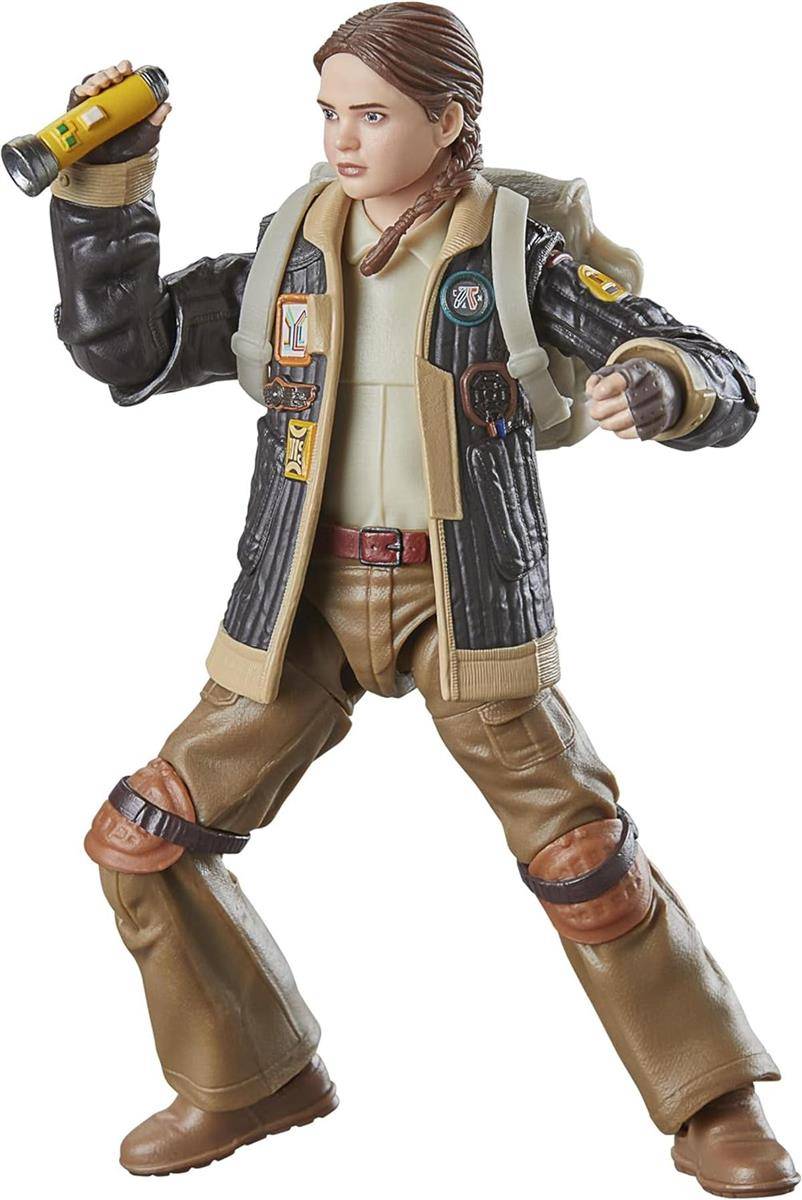 Actionfigur einer Frau in einer Fliegerjacke und braunen Hosen, in einer Schrittposition dargestellt und eine gelbe Taschenlampe haltend.