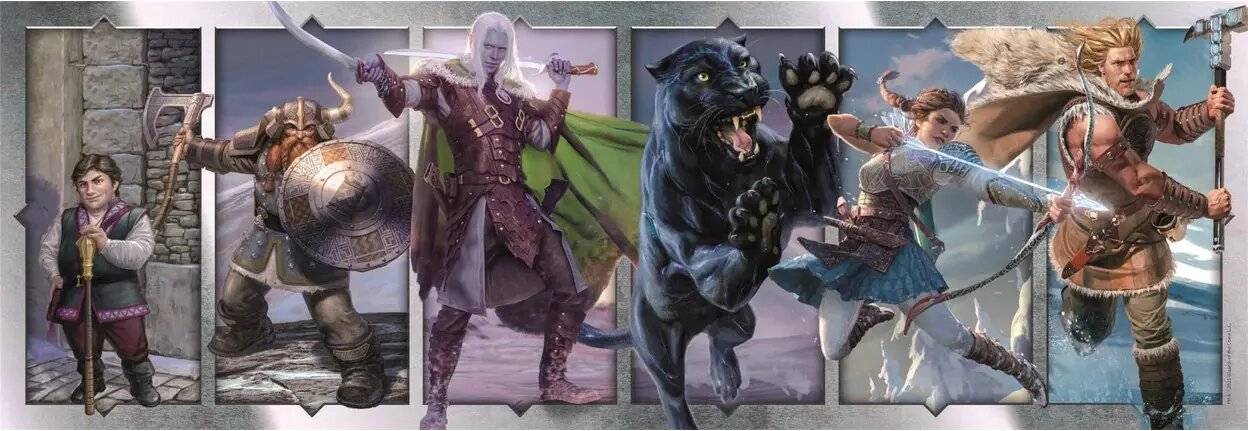 Fantastische Szene eines weißhaarigen Kriegers in Rüstung, der ein Schwert hält und neben einem großen, knurrenden schwarzen Panther mit leuchtenden Augen steht.