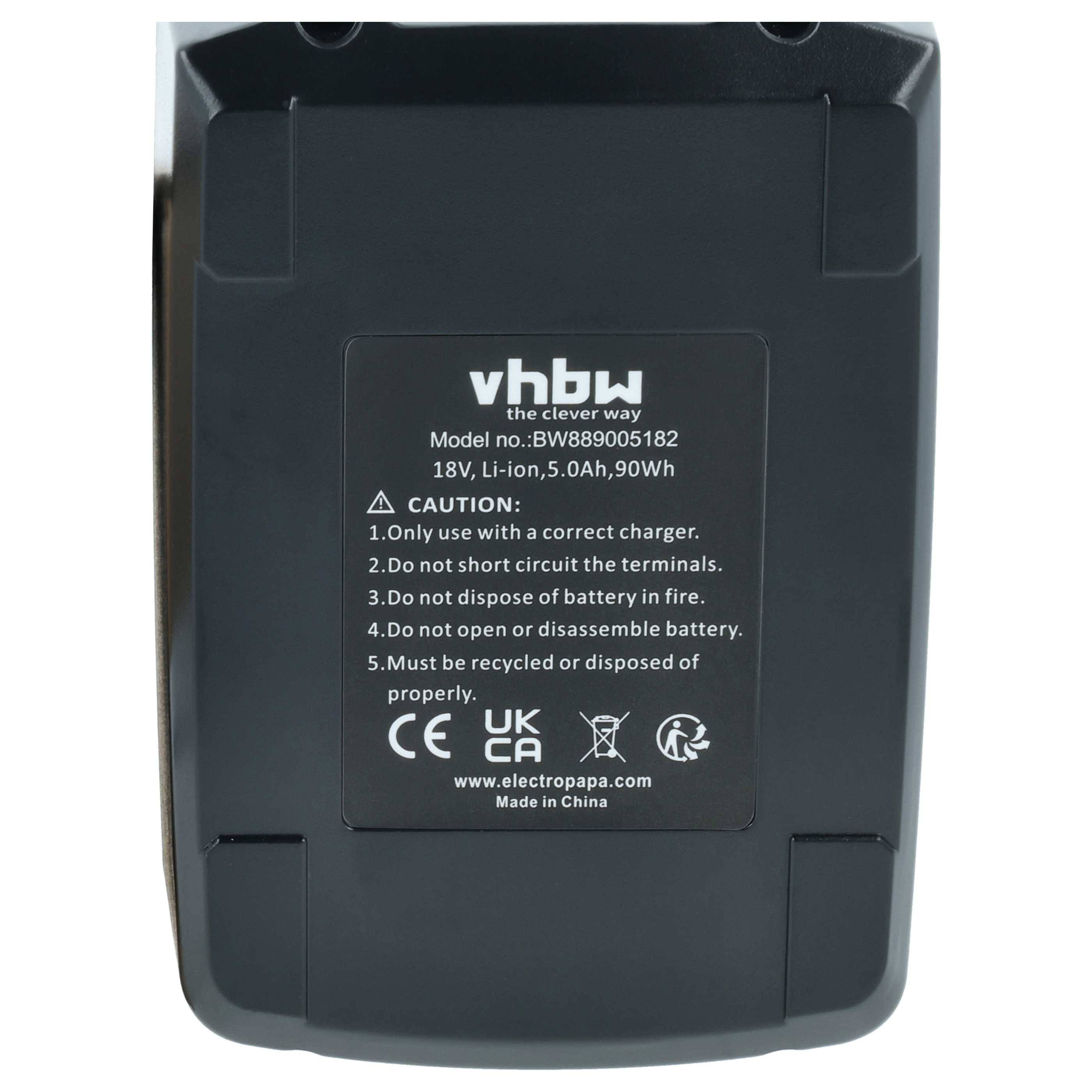 Schwarzer vhbw wiederaufladbarer Batteriepack mit Bezeichnung 18V, Li-Ionen, 5,0Ah, 90Wh mit Sicherheitsvorkehrungen und Modell BW889005182.