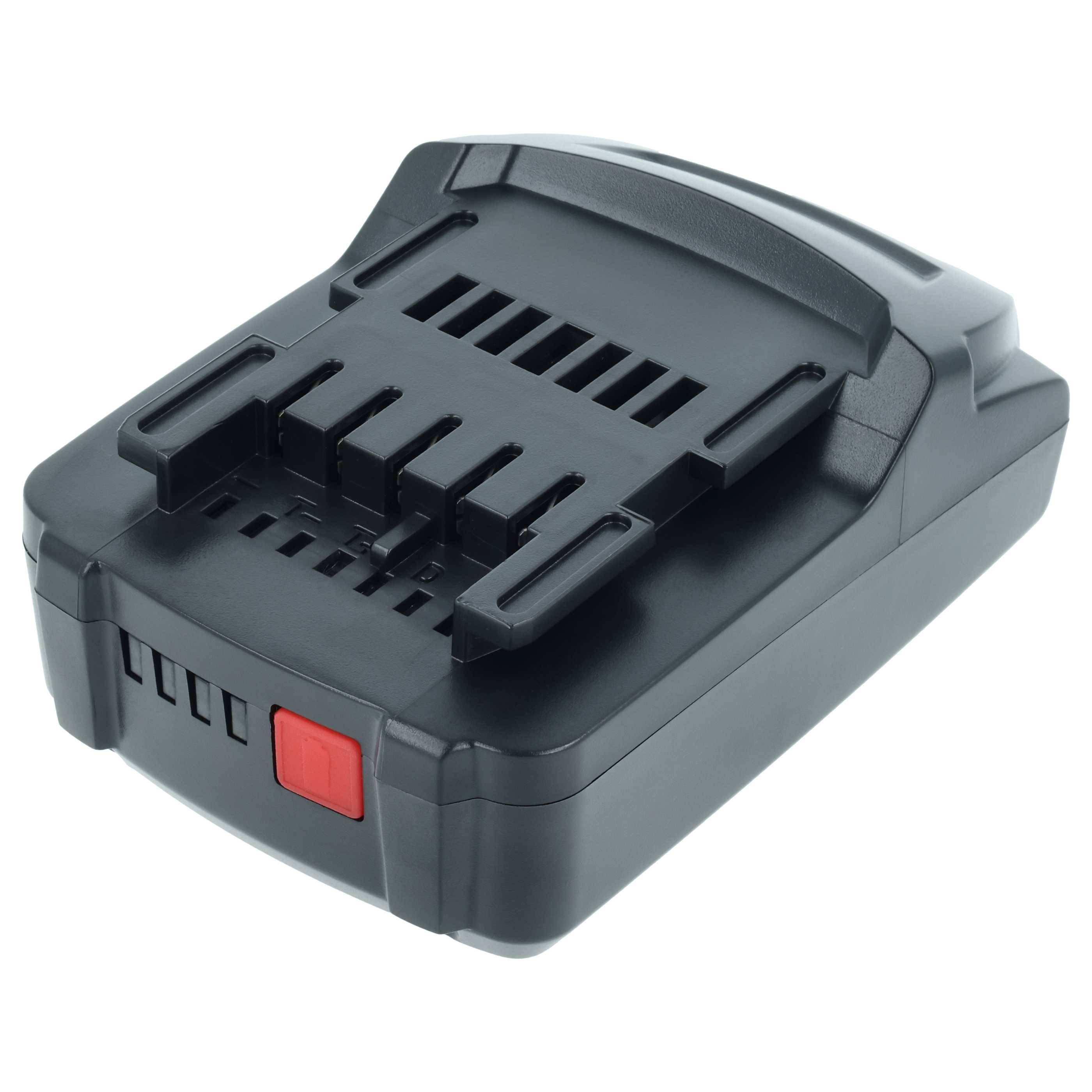 Ein schwarzer Ladegerät mit mehreren Anschlüssen und einer auffälligen roten Taste an der Vorderseite, entwickelt zum Laden von Akkus für Elektrowerkzeuge.