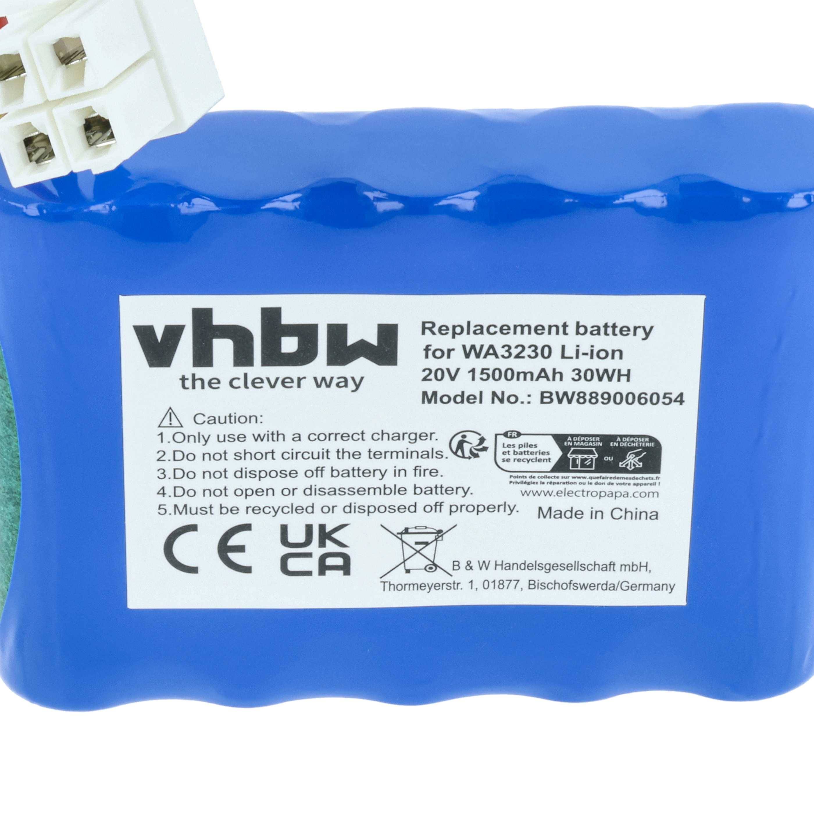 vhbw Akku kompatibel mit Worx WR104SI.1, WR106SI, WR110MI, WR105SI, WR106SI.1, WR105SI.1 Rasenroboter Rasenmäher (1,5Ah, 20V Li-Ion)