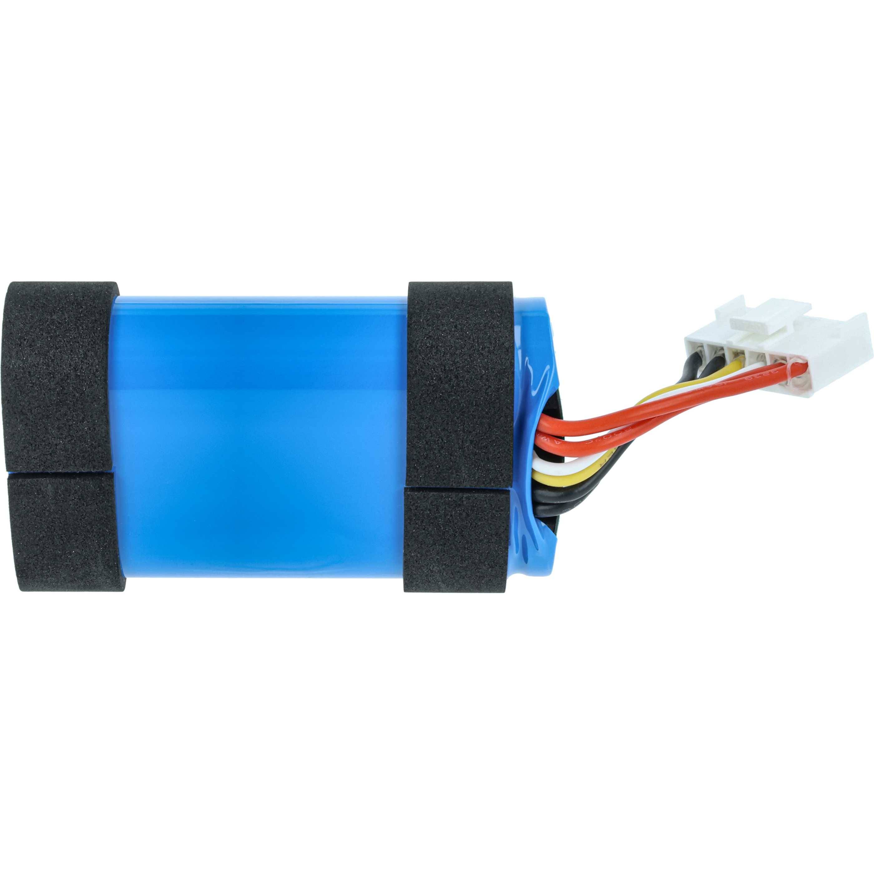 Eine blaue zylindrische Batteriepakete mit einem Bündel mehrfarbiger Kabel und einem weißen Anschluss an einem Ende, umwickelt mit schwarzem Schaumstoffpolster.