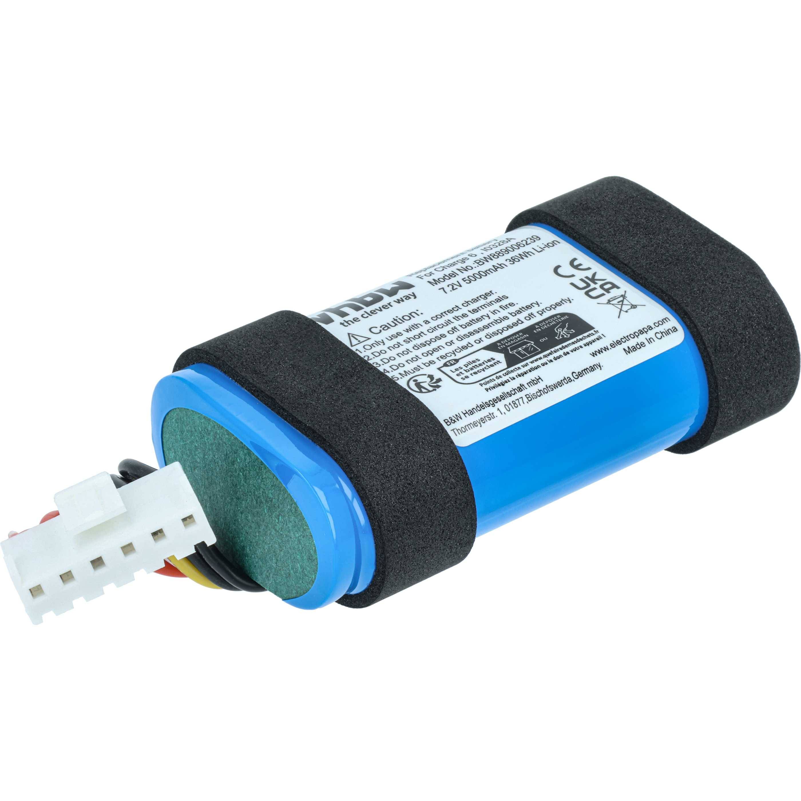 Eine kleine, rechteckige blaue Batterie mit Polsterung und Beschriftungen, die Sicherheits- und Konformitätsinformationen zeigt; verbunden mit einem weißen Stecker.