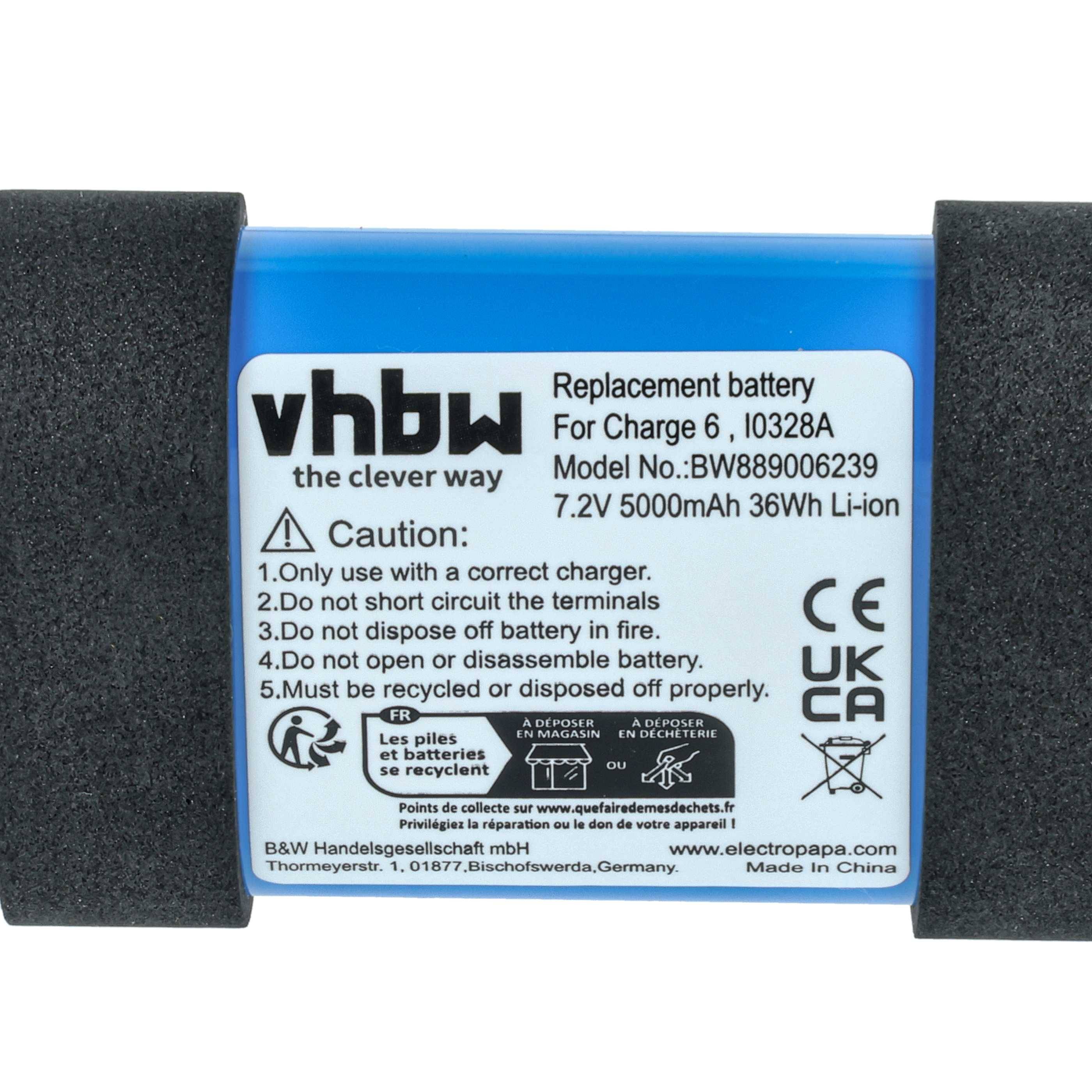 vhbw Ersatzbatterie für Charge 6, Modell-Nr.: BW88900623A, 7,2V, 5000mAh, 36Wh Li-Ionen. Enthält Warn- und Recycling-Symbole.