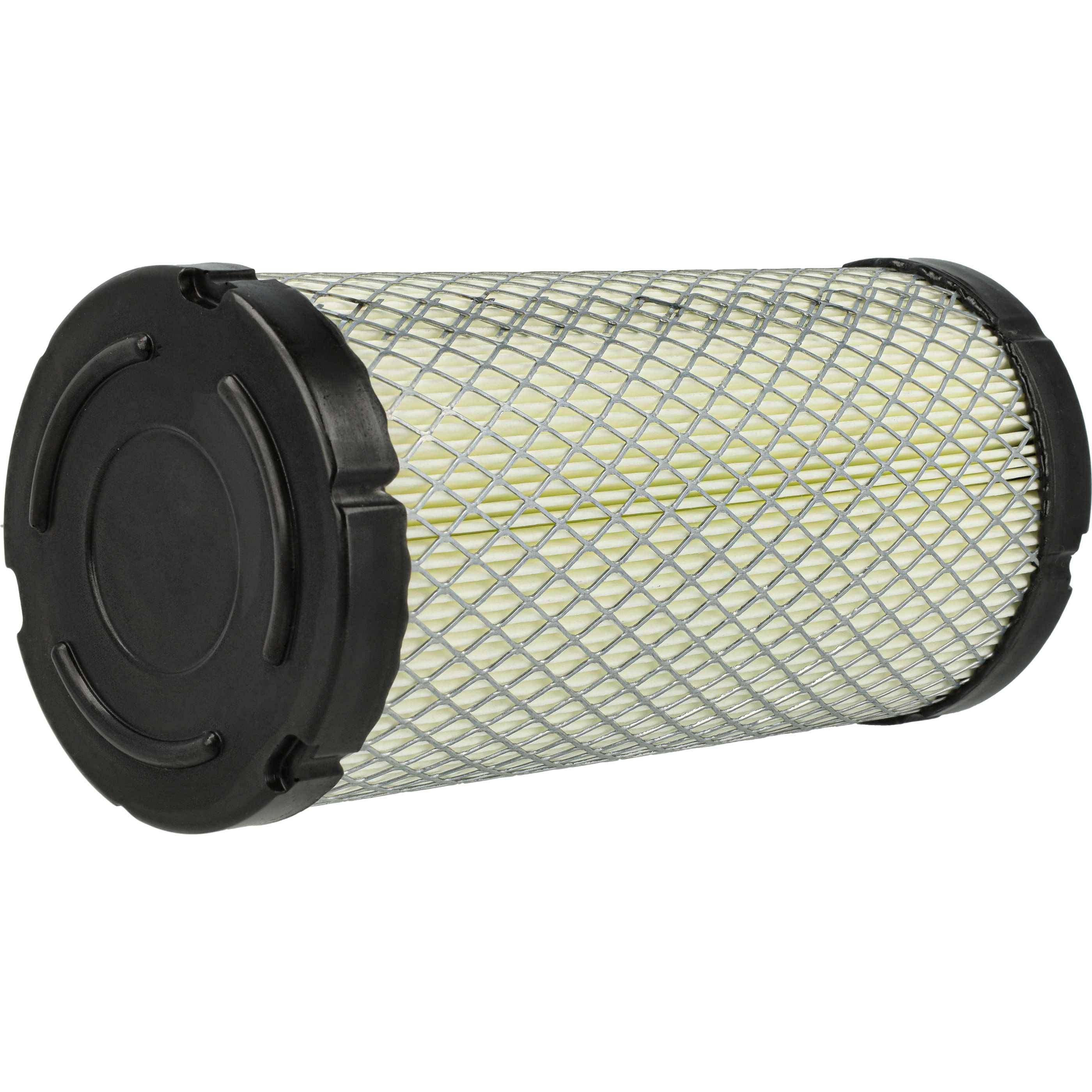 Ein zylindrischer Luftfilter mit metallischem Maschenaußengehäuse, schwarzen Kunststoff-Endkappen und sichtbaren gefalteten Papierelementen im Inneren, der für Automotive- oder MaschinerieMotoren verwendet wird.