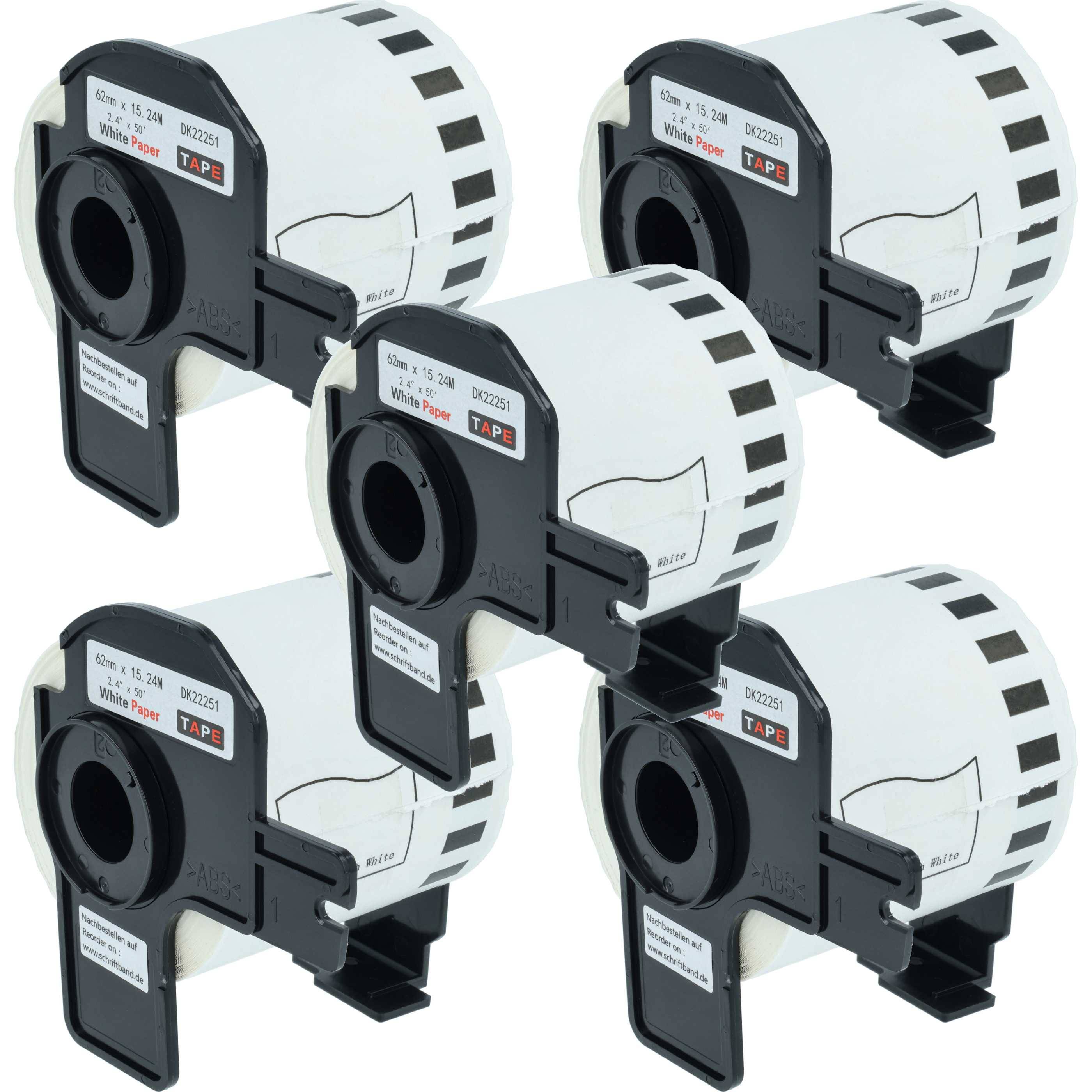 vhbw 5x Etiketten-Rolle mit Halter 62mm x 15,24m Ersatz für Brother DK-22251 für Etiketten-Drucker