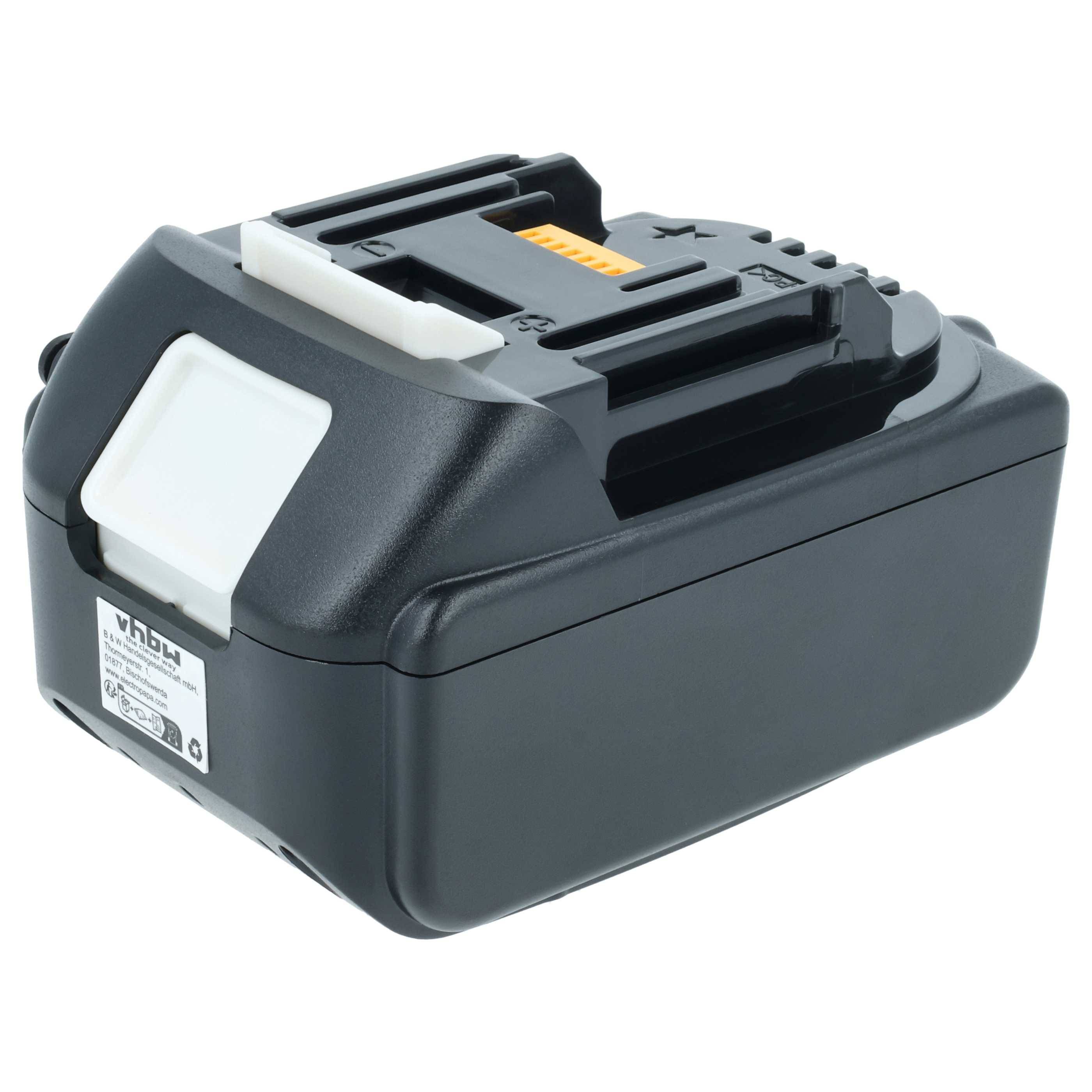 Eine schwarze und graue Akku-Werkzeugbatterie mit sichtbaren Anschlüssen und einer Bezeichnung mit technischen Spezifikationen an der Seite.