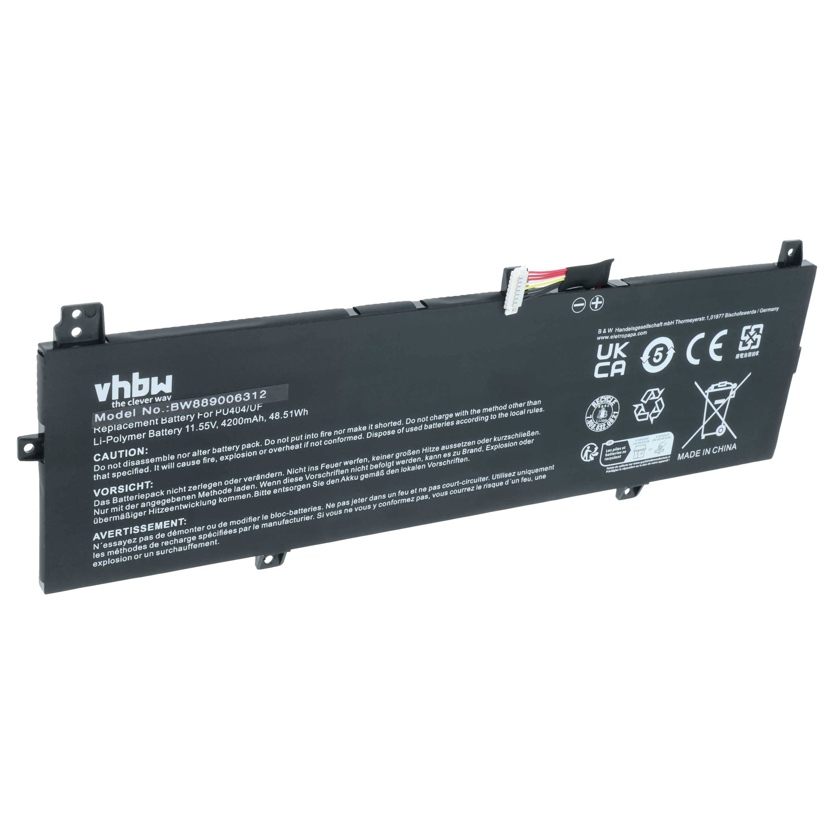 Laptop-Akku mit Bezeichnung 'vhbw Modell-Nr.: 0B200-00691200', Lithium-Ionen-Technologie, 15,2V, 4240mAh, 64,5Wh, mit Warnhinweisen und Zertifizierungssymbolen.