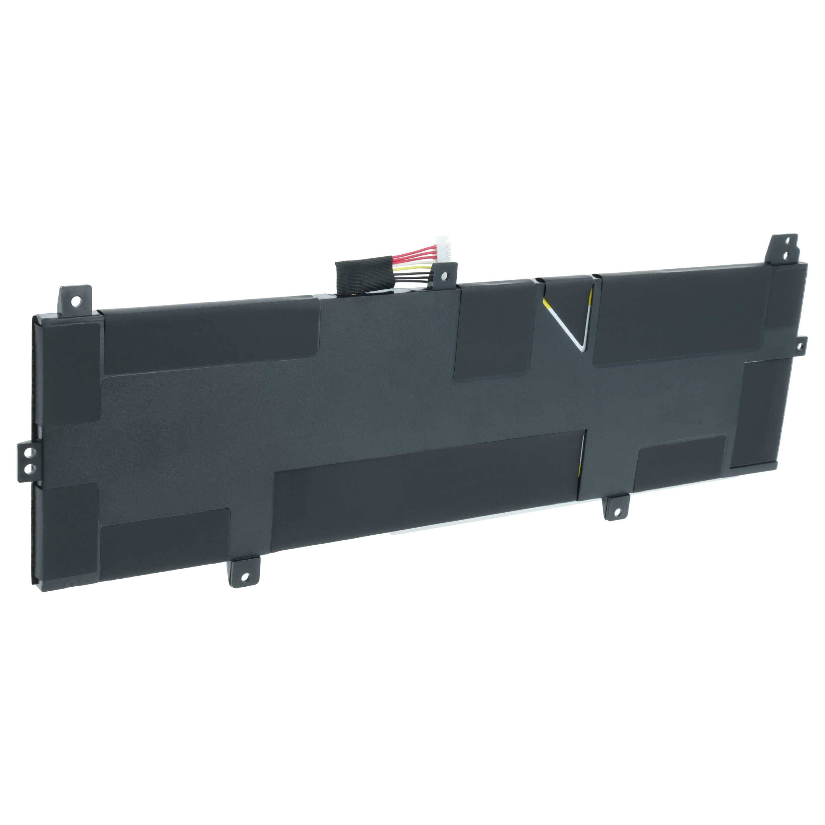Eine rechteckige schwarze Laptop-Batterie mit Befestigungslaschen und einem sichtbaren Anschluss mit Kabeln oben, geeignet für bestimmte Laptop-Modelle.