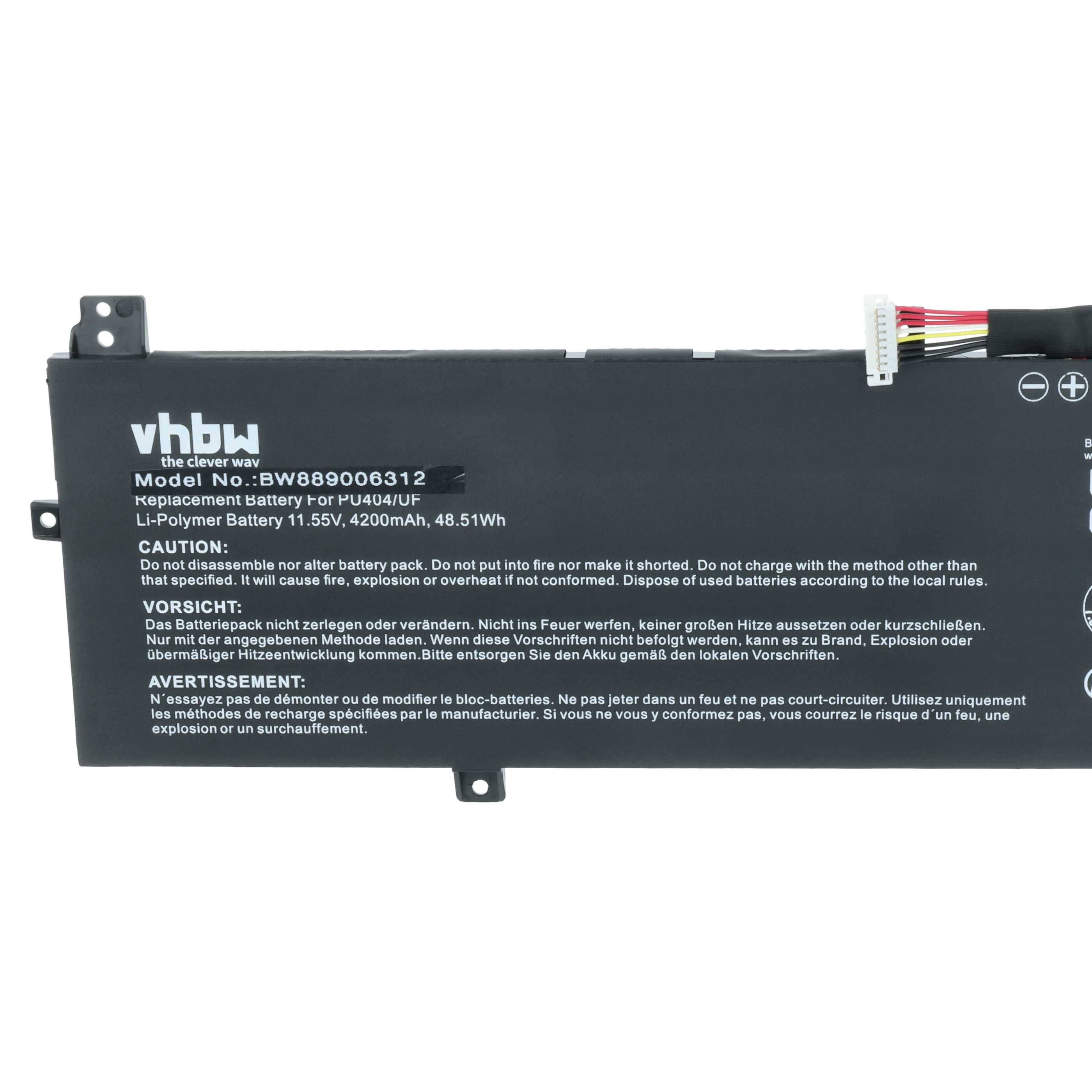 Eine schwarze Lithium-Polymer-Batterie mit der Bezeichnung 'vhbw' und dem Modell 'BW8940006312', 11,55V, 4200mAh, 48,51Wh, zur Verwendung in Laptops.