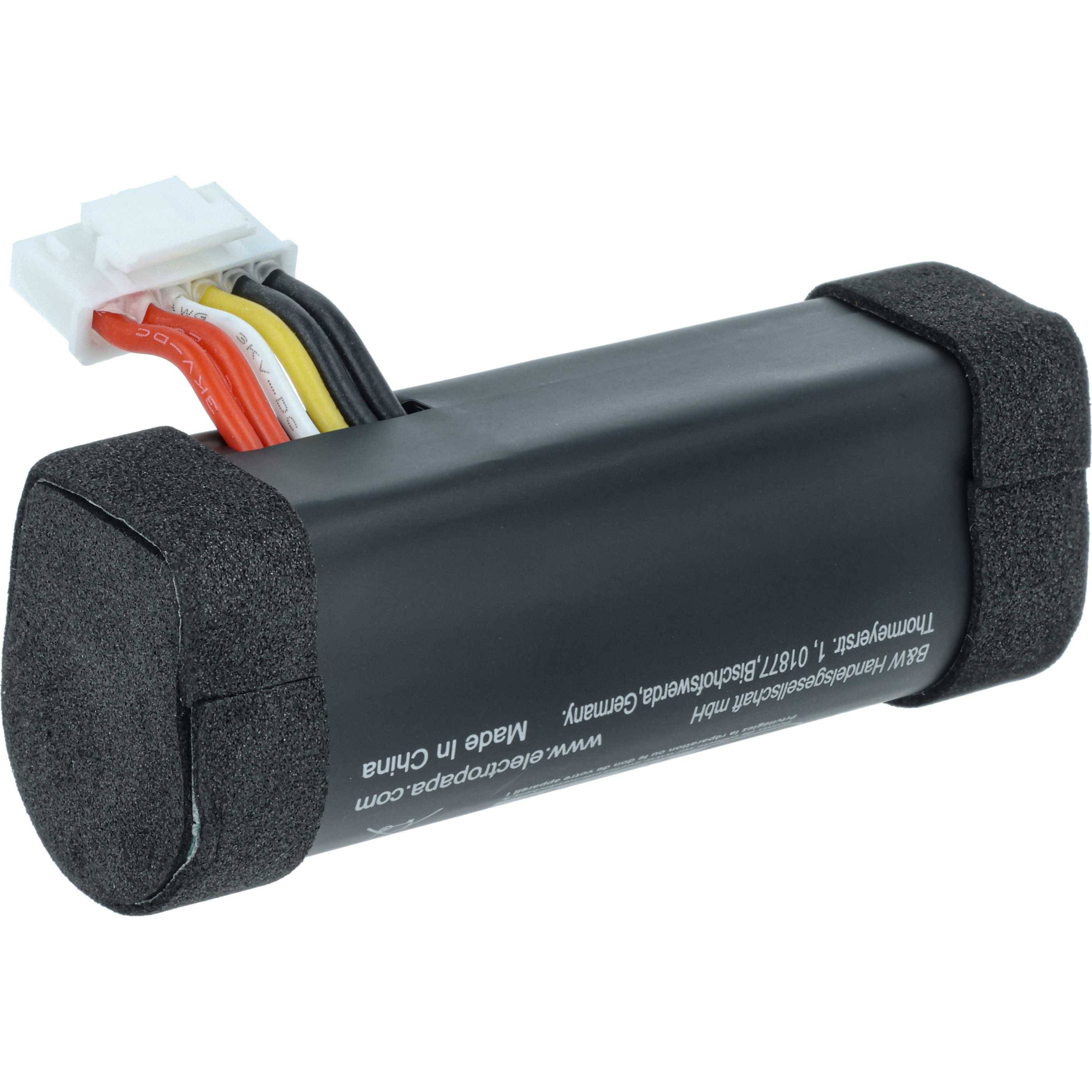 Ein schwarzes rechteckiges Batteriepak mit farbigen Drähten und einem weißen Stecker, beschriftet mit „www.electropapa.com