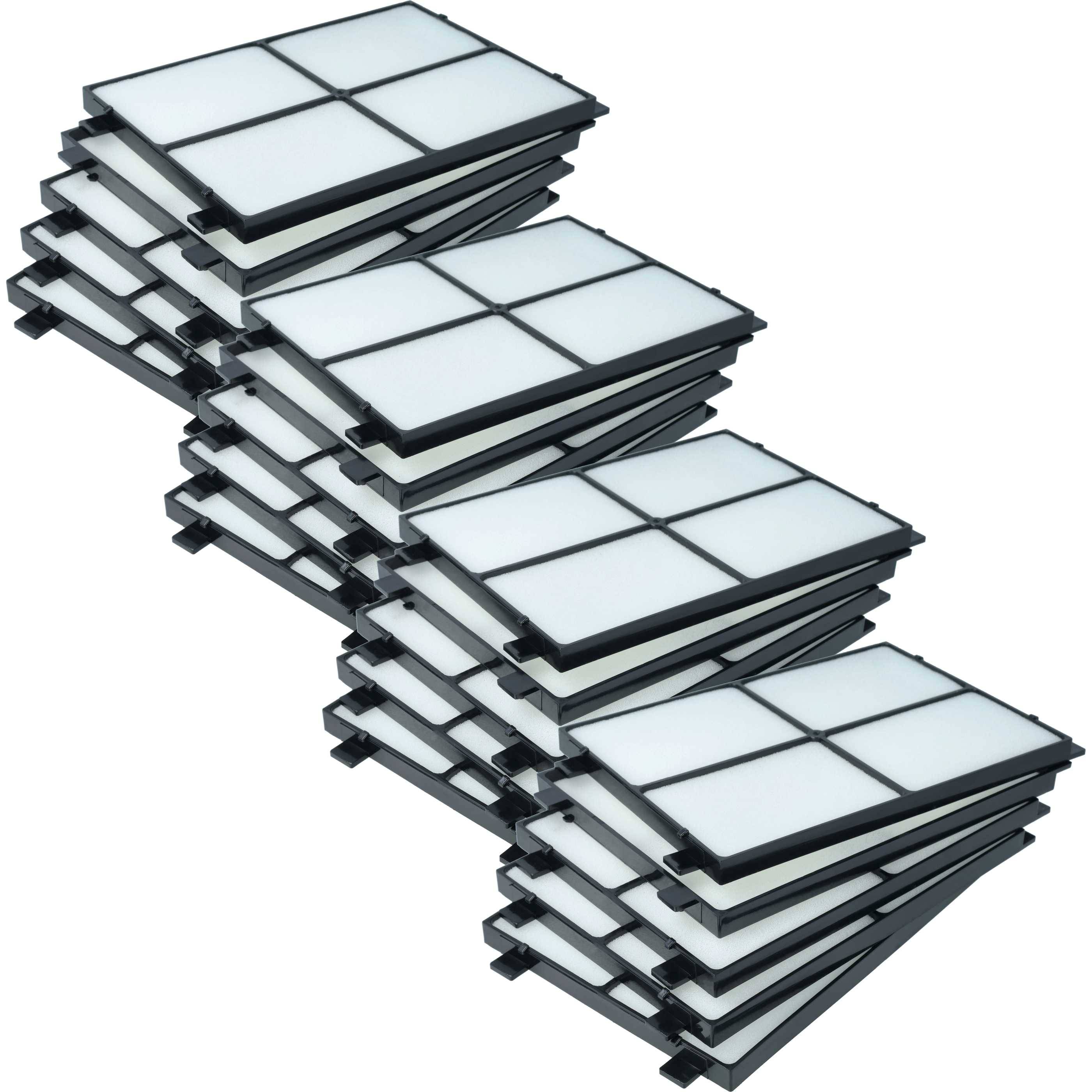 Ein Stapel von zehn rechteckigen Luftfiltern, die jeweils eine weiße Oberfläche und einen schwarzen, gitterartigen Rahmen haben, in zwei parallelen Spalten angeordnet.