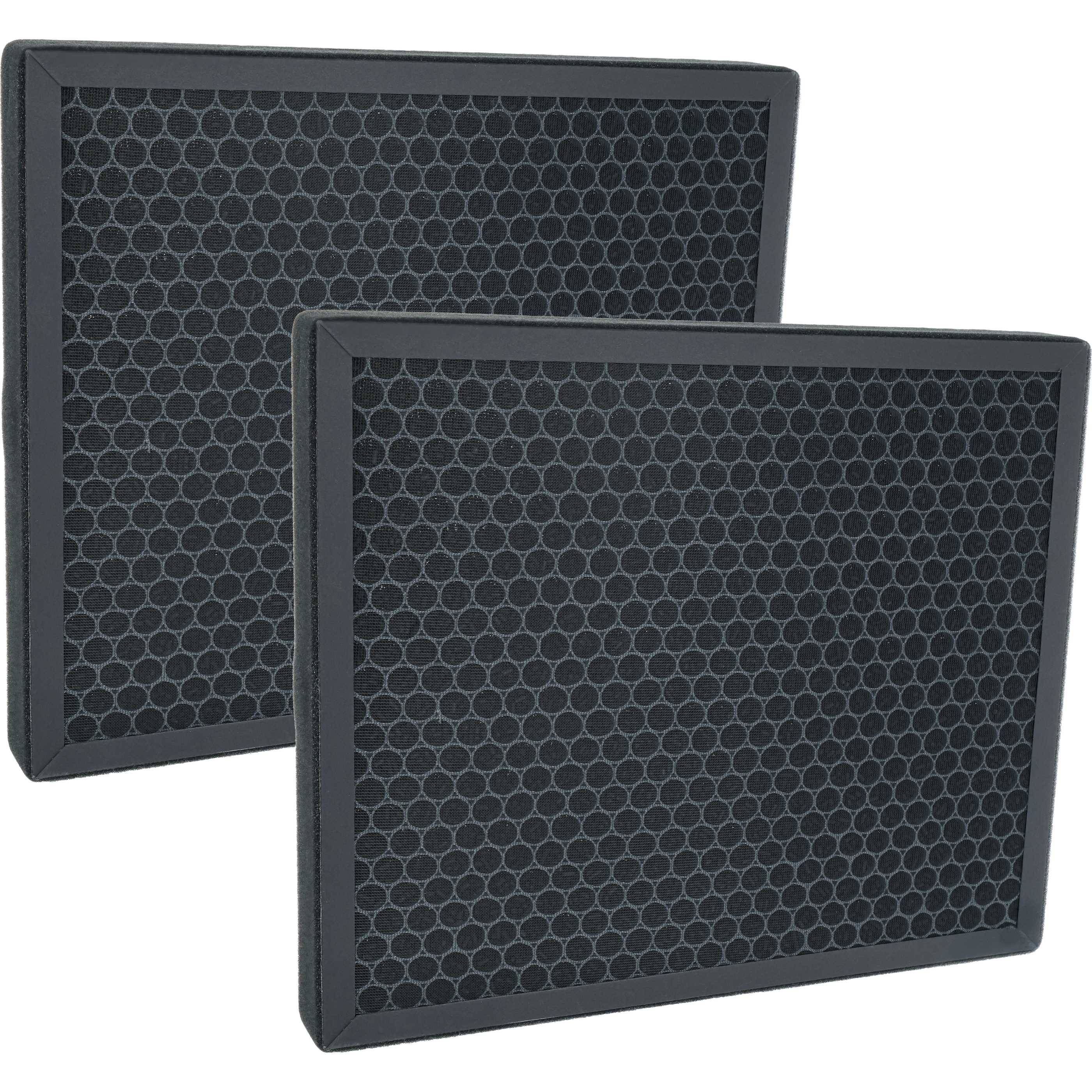 Zwei rechteckige Kohleluftwechselfilter mit Wabenmustern auf der Oberfläche, die zur Reinigung und Geruchsbeseitigung aus der Luft verwendet werden.