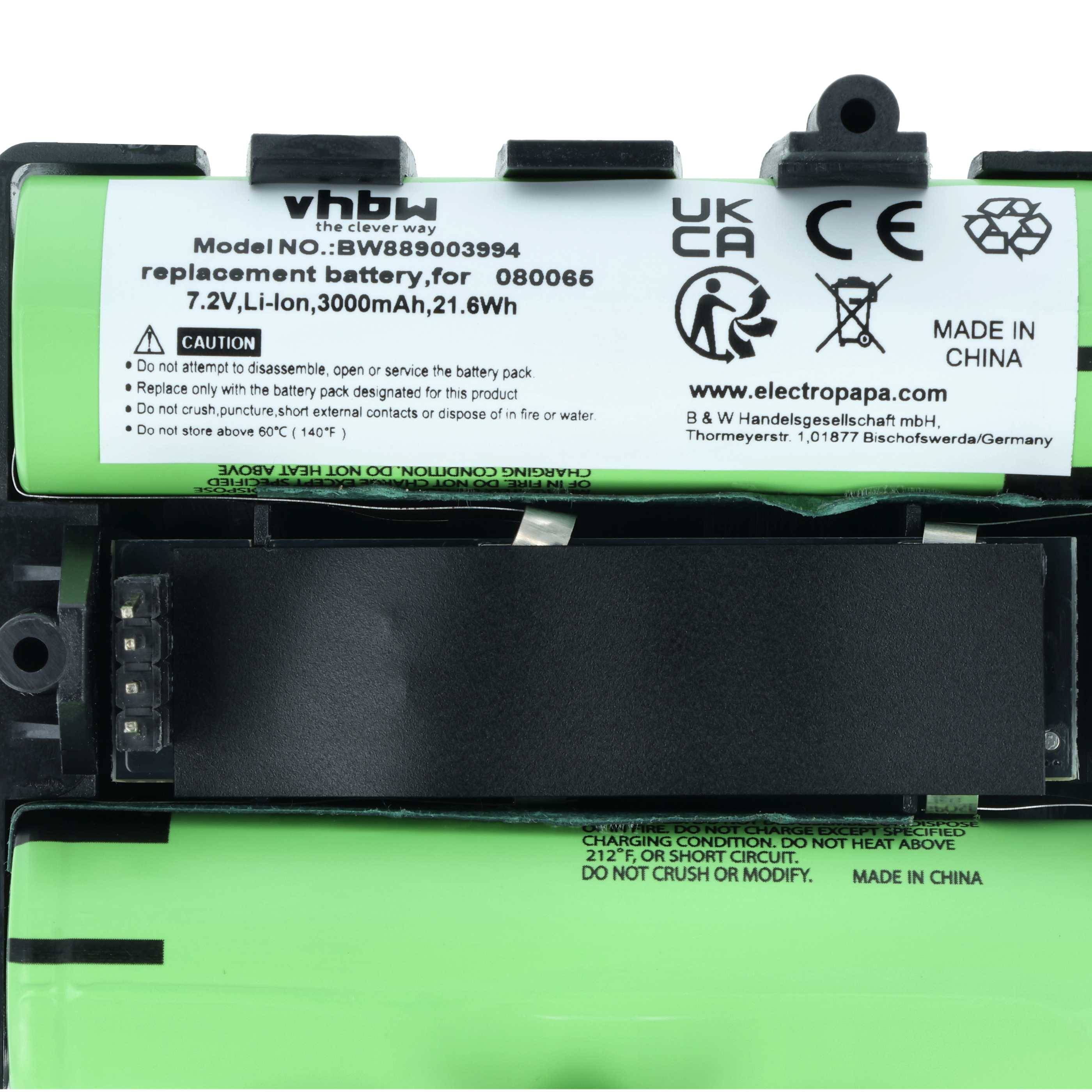 Das Bild zeigt einen vhbw Ersatzakku, Modell BBVB9303984, 7,2V, Li-Ion, 3000mAh, hergestellt in China. Er enthält Warnhinweise und Recyclinginformationen.