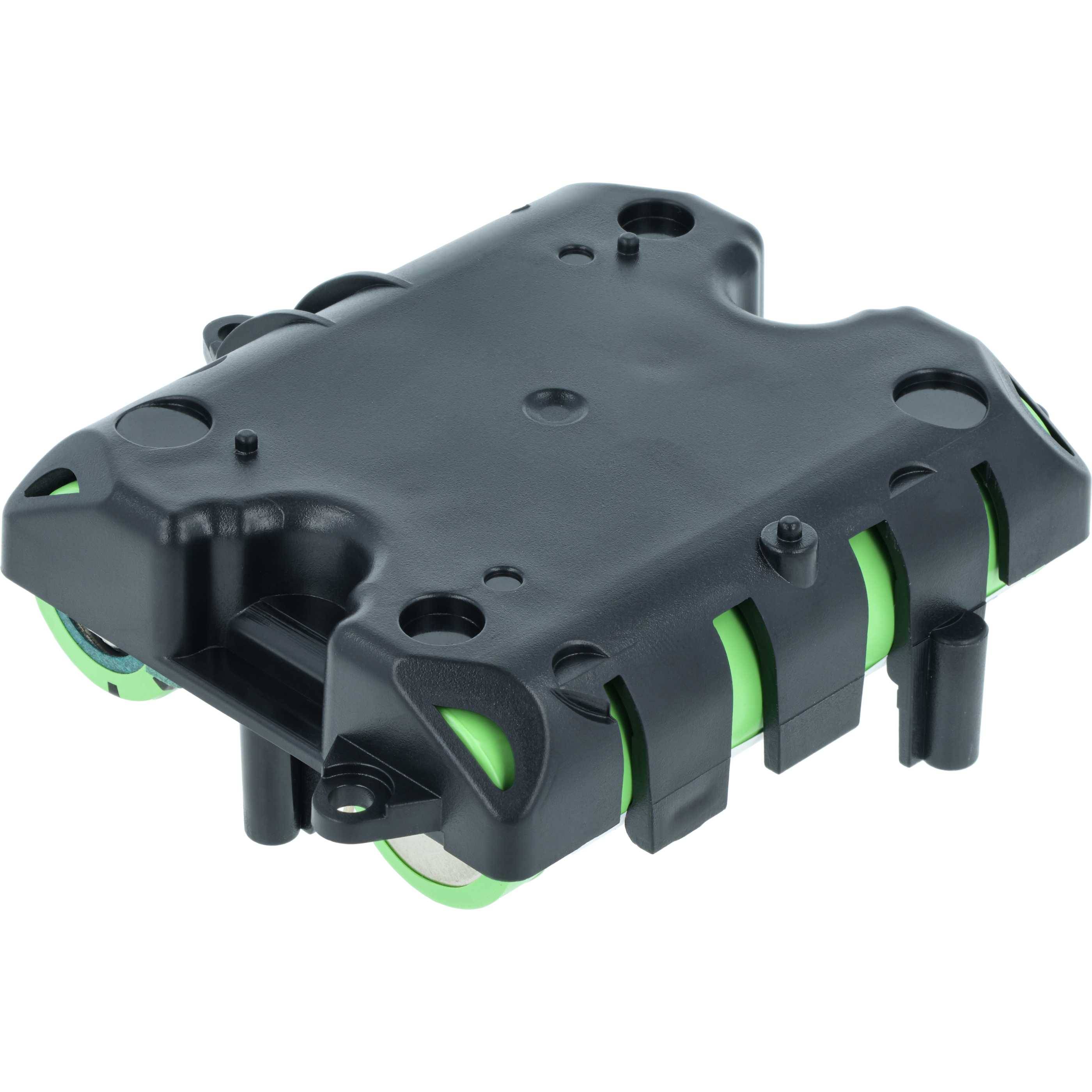 Eine rechteckige schwarze elektronische Komponente mit grünen Akzenten, die mehrere zylindrische Vorsprünge und Aussparungen aufweist, wahrscheinlich für Montage oder Anschlüsse.
