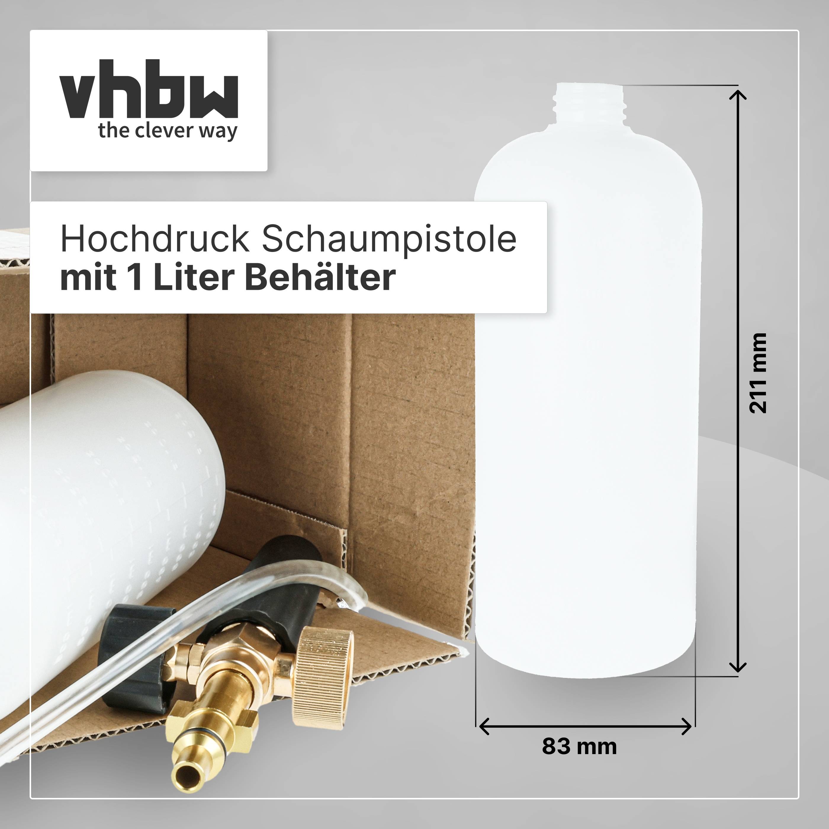 Produktbild eines Hochdruck-Schaumsprühers mit 1-Liter-Behälter, das die Flaschenform und die Abmessungen 211 mm Höhe und 83 mm Breite zeigt.