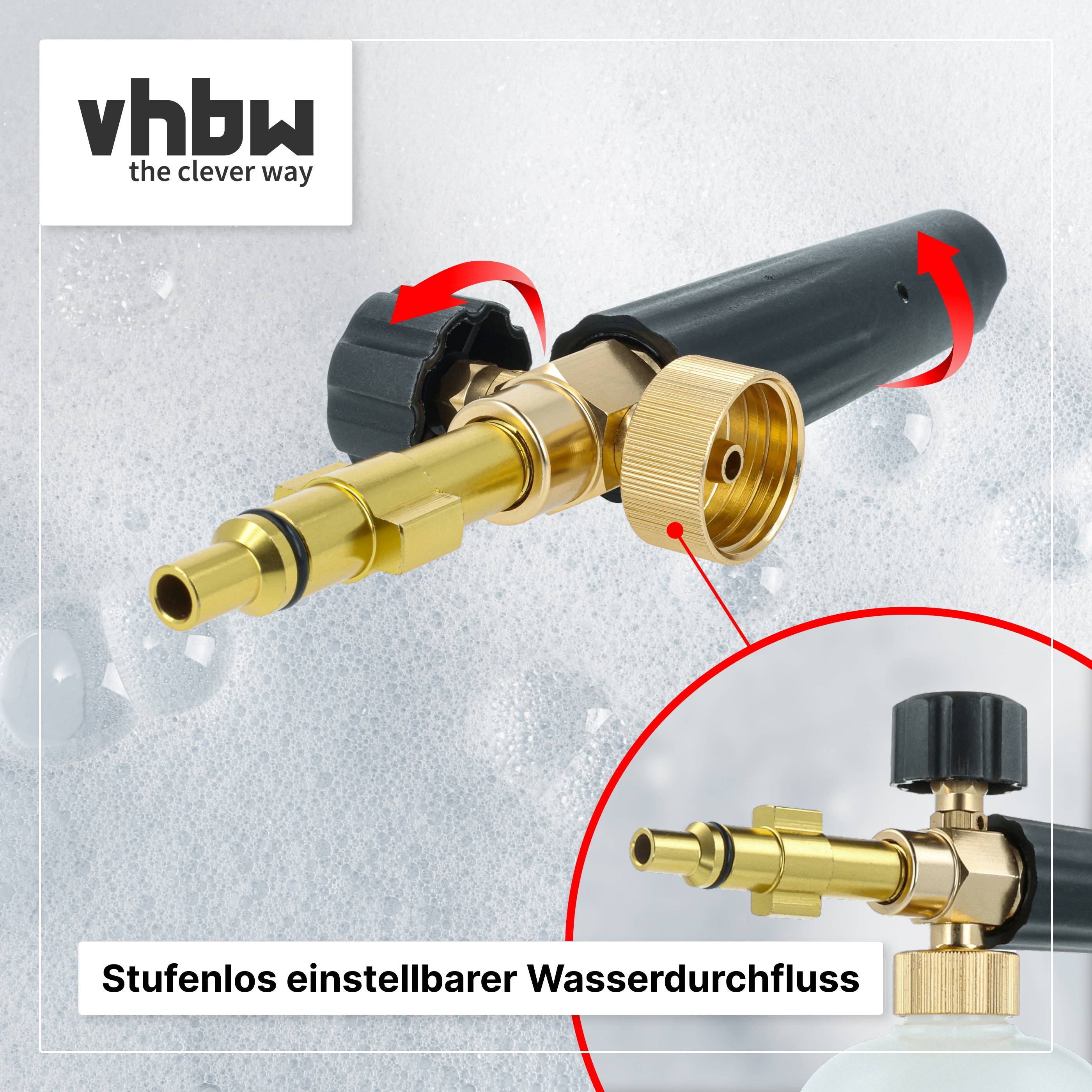 Verstellbare Messingwasserdüse mit schwarzem Griff, gezeigt mit roten Pfeilen und eingefügter Nahaufnahme; deutscher Text sagt „Stufenlos verstellbarer Wasserdurchfluss