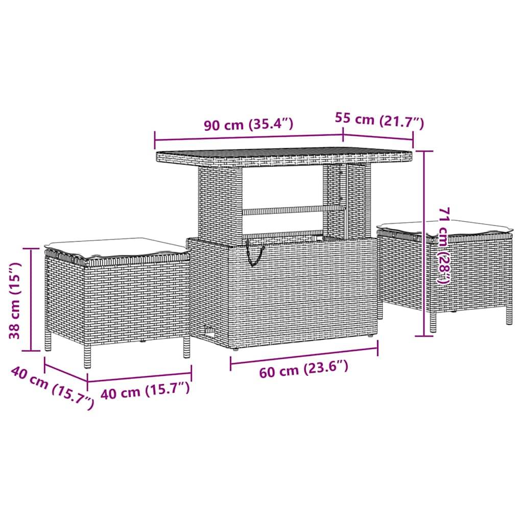 Geflochtene Outdoor-Möbelgarnitur: Tisch mit Stauraum - 90x55x71 cm, zwei Bänke - 40x40x38 cm.