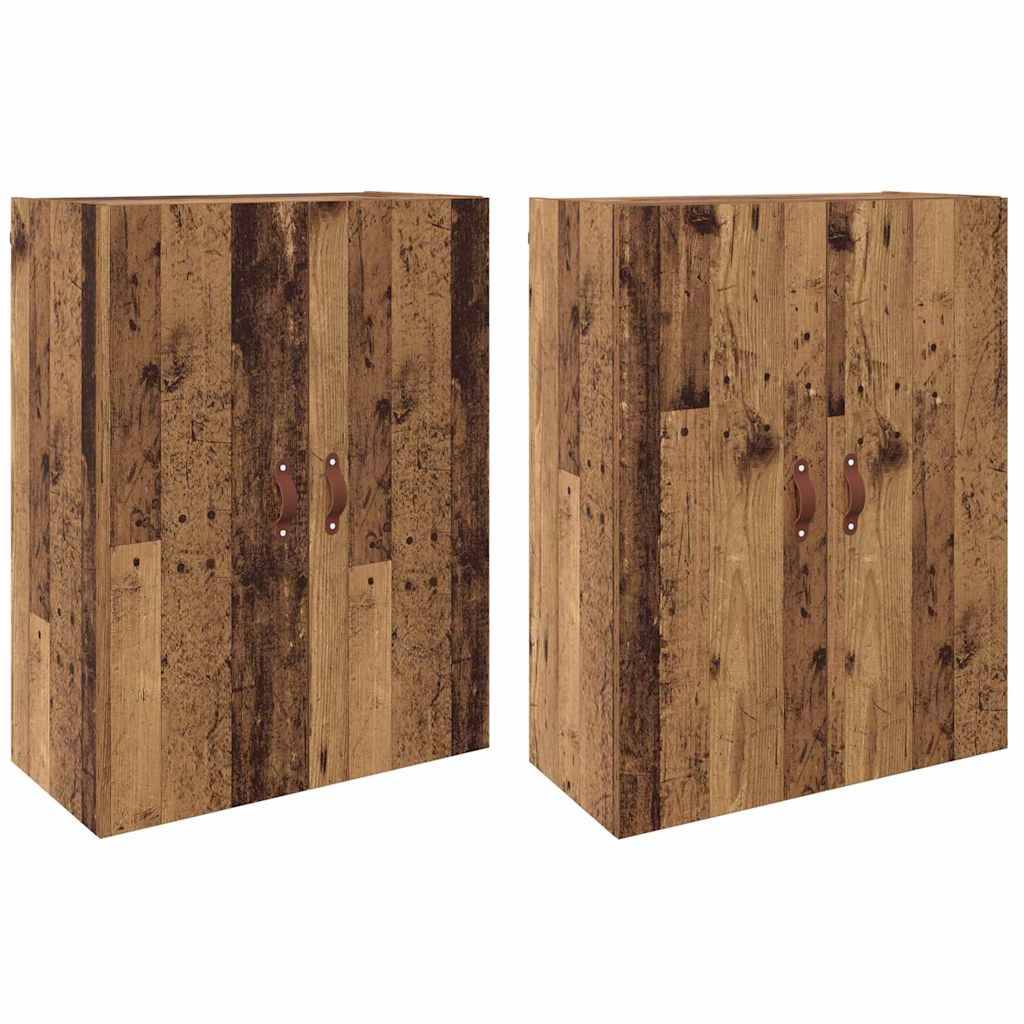 Zwei Holzschränke mit rustikaler Gestaltung, die vertikale Bretter, sichtbare Astlöcher und zwei Griffe pro Tür aufweisen.