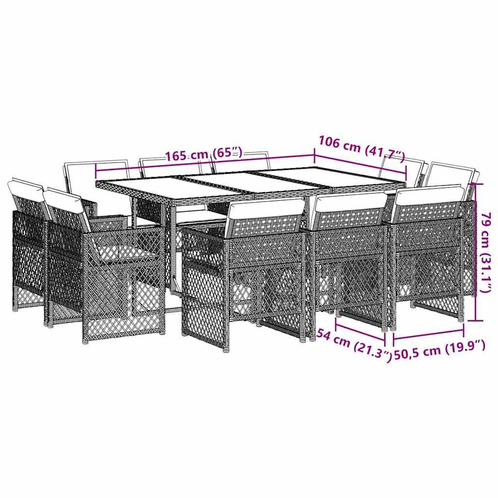 Polyrattan-Gartengarnitur mit rechteckigem Tisch und acht Stühlen. Abmessungen: Tisch 165 cm Länge, 106 cm Breite, 74 cm Höhe.
