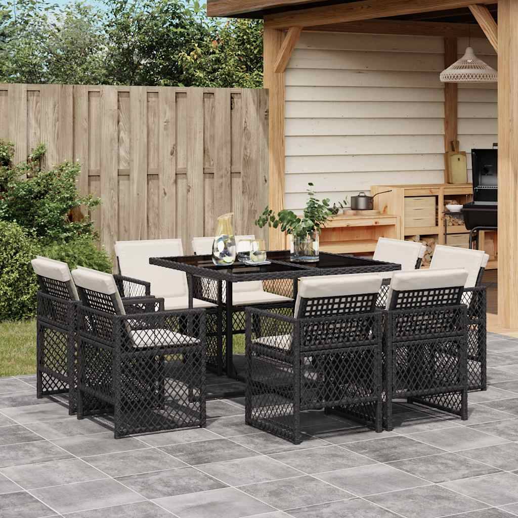 vidaXL 9-tlg. Garten-Essgruppe mit Kissen Schwarz Poly Rattan