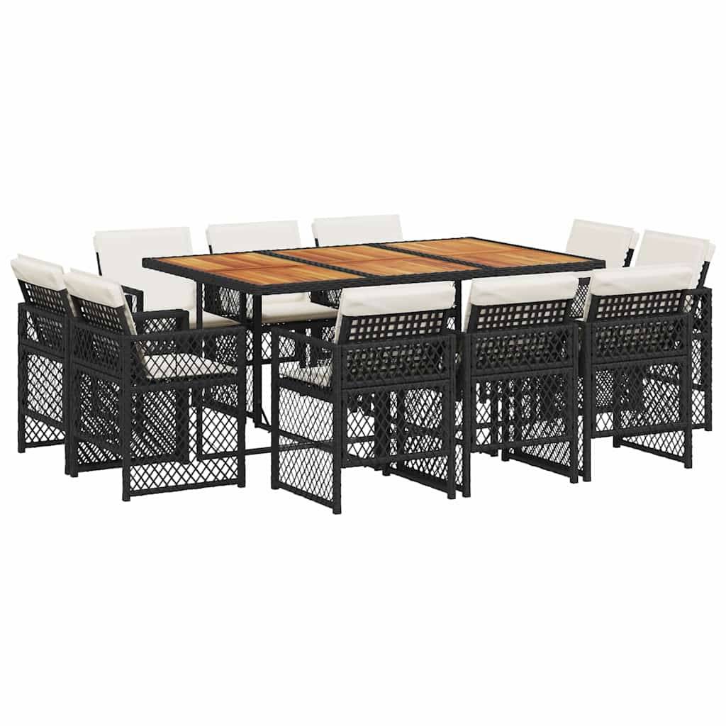 vidaXL 11-tlg. Garten-Essgruppe mit Kissen Schwarz Poly Rattan